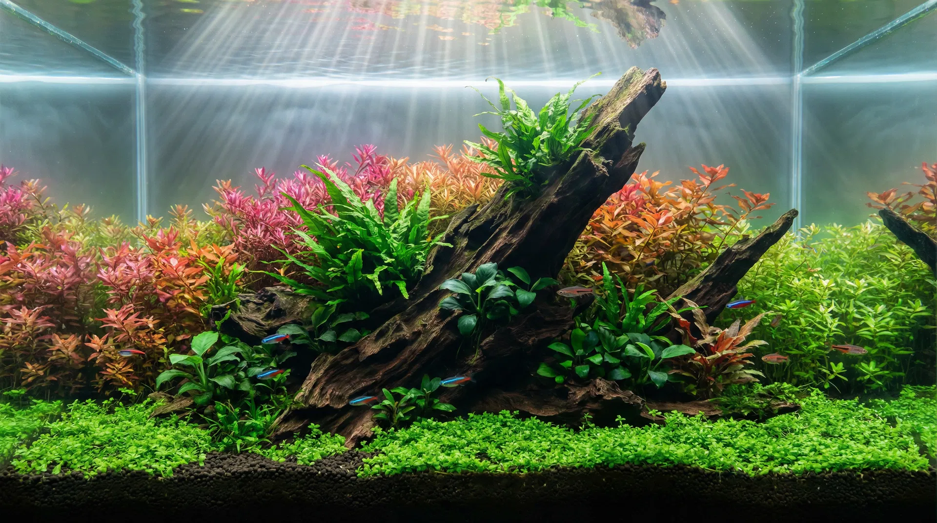 Nature Style Aquascape – üppige Bepflanzung mit Wurzel und Lichtspiel