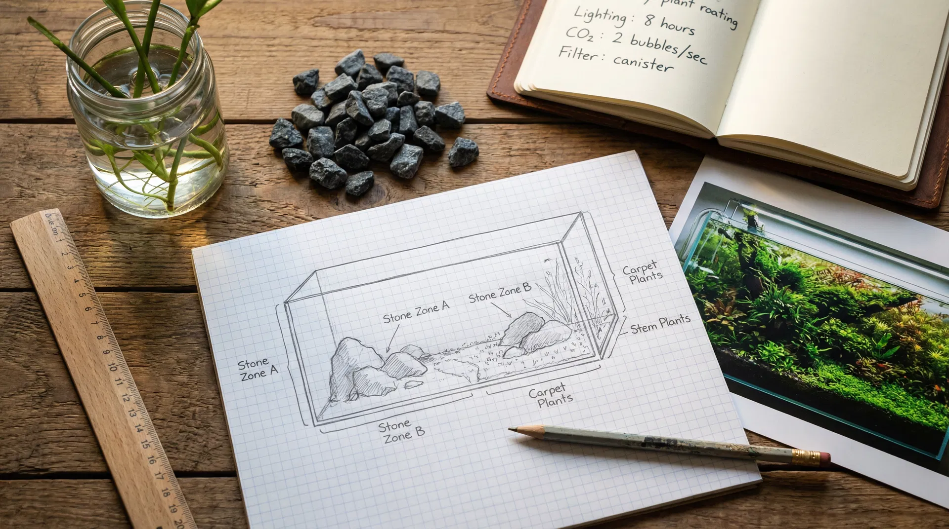 Planungsphase eines Aquascapes – Skizze, Steine und Notizen auf einem Holztisch