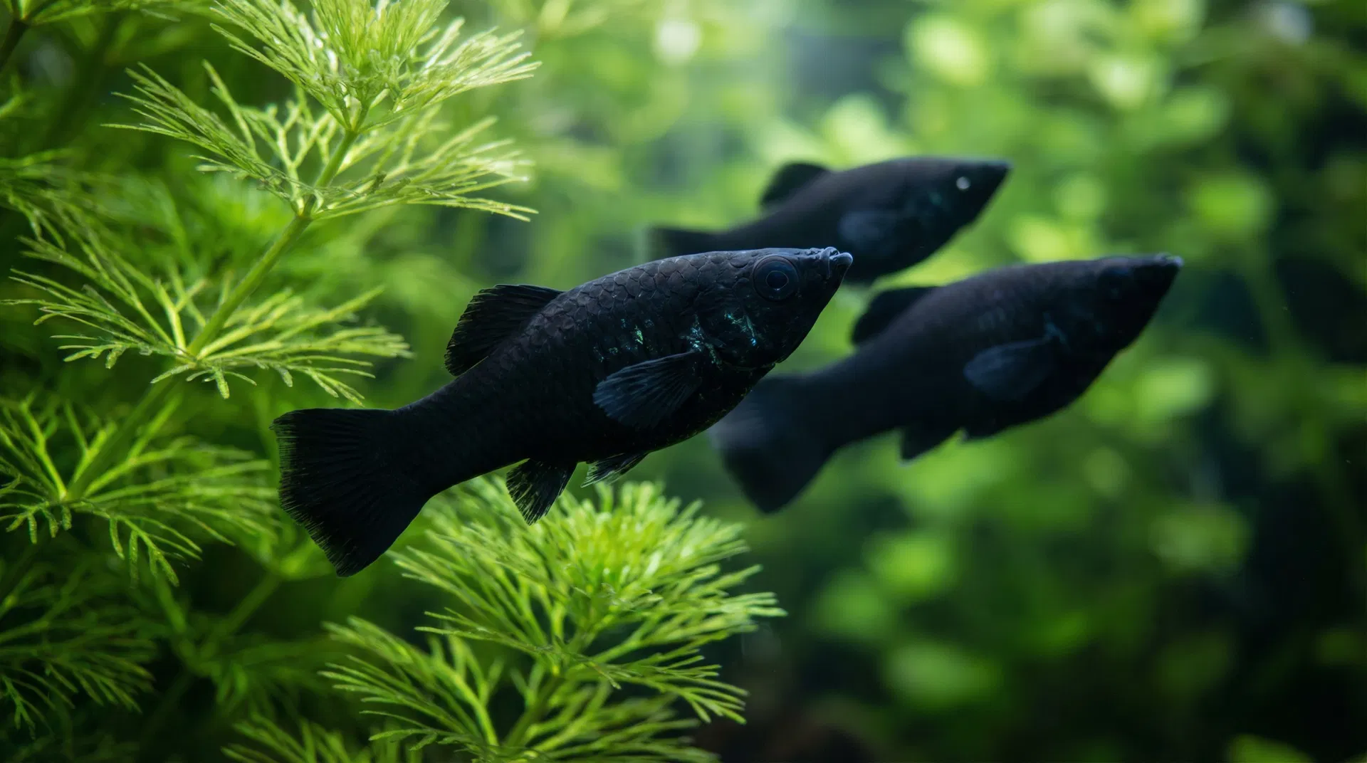 Gruppe von Black Molly Fischen (Poecilia sphenops) in einem bepflanzten Aquarium