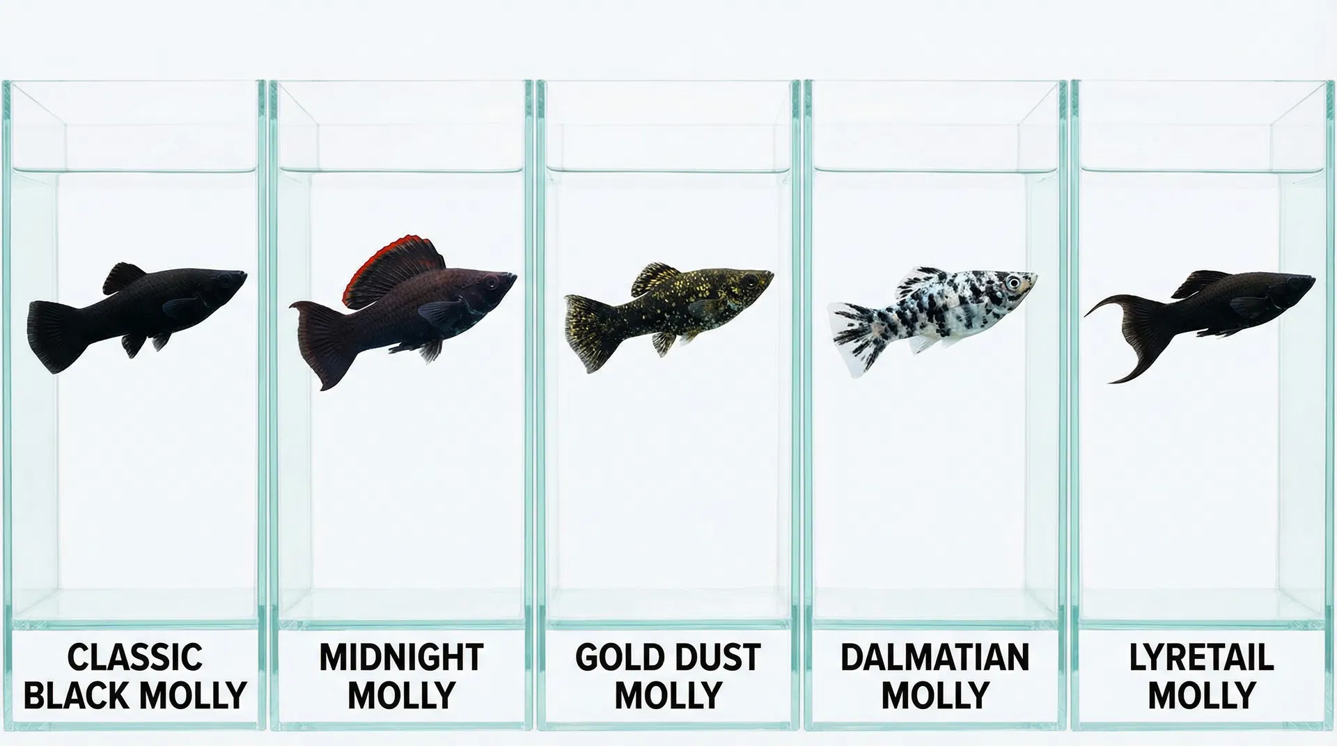 Fünf verschiedene Molly-Varianten im Vergleich: Classic Black Molly, Midnight Molly, Gold Dust Molly, Dalmatian Molly, Lyretail Molly