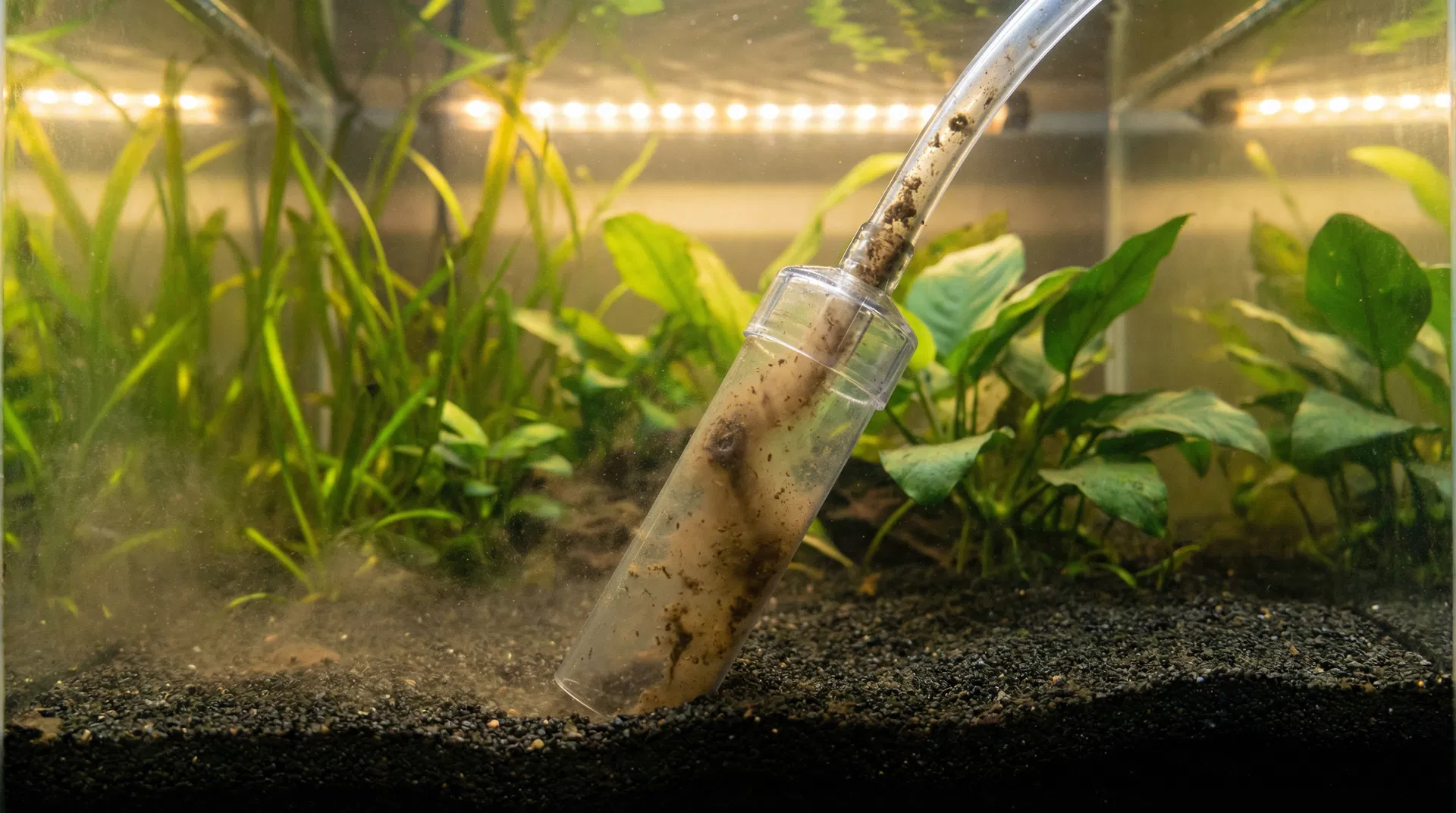 Bodengrund im Aquarium mit Mulmsauger reinigen