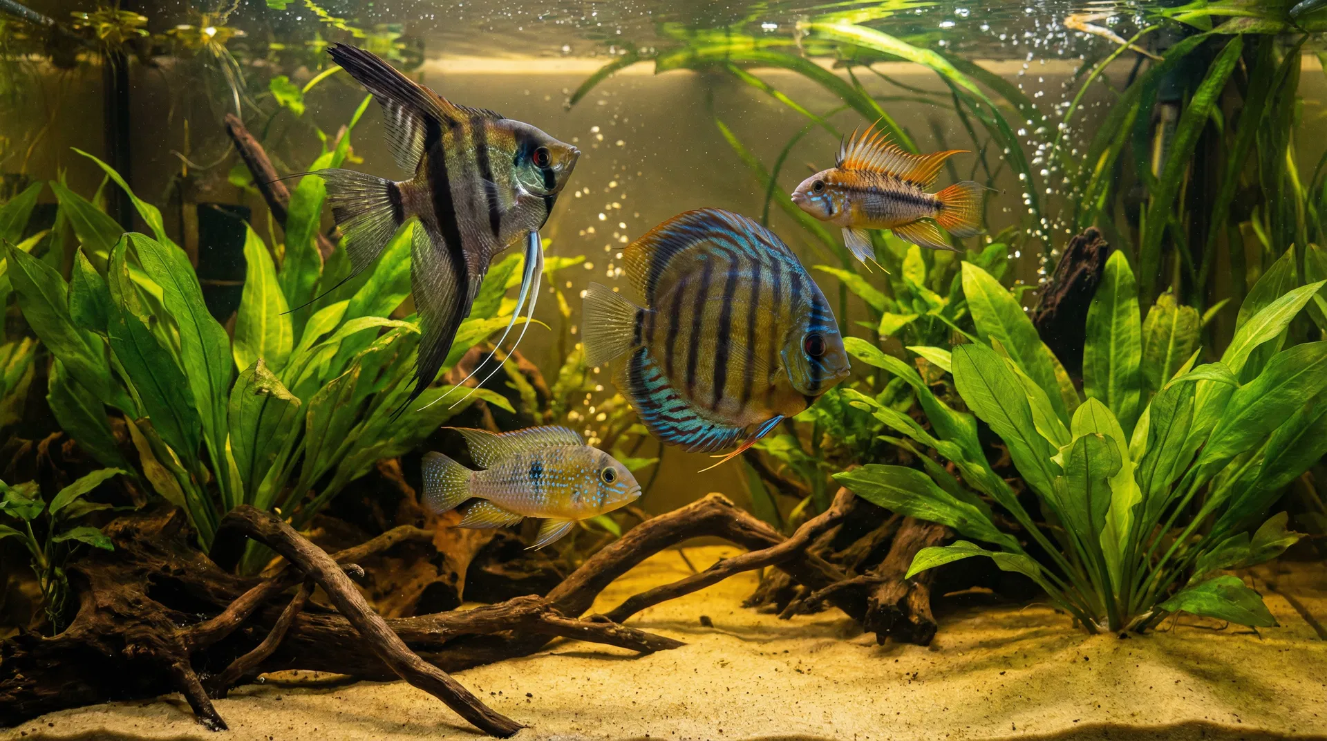 Verschiedene Cichliden-Arten – Skalare, Diskus, Schmetterlingsbuntbarsch und Kakadu-Zwergbuntbarsch in einem bepflanzten Aquarium