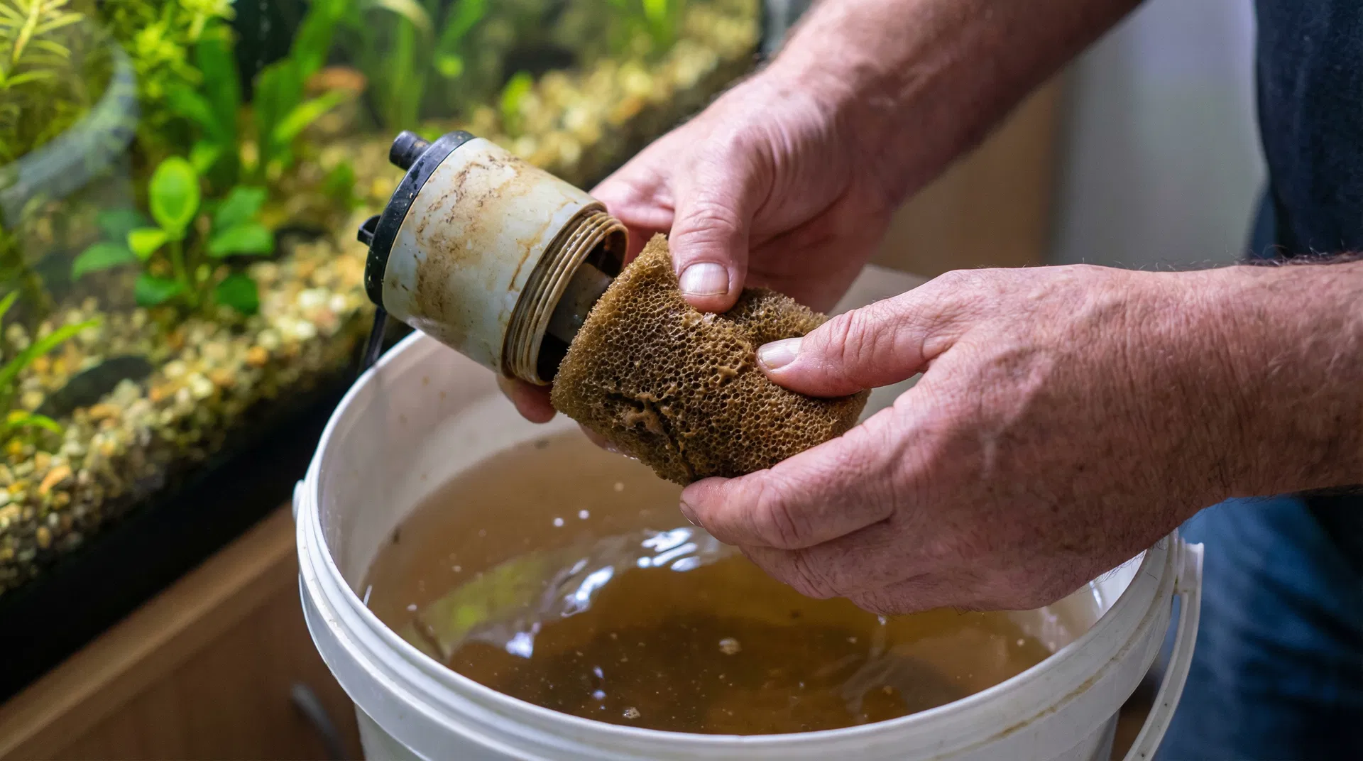 Filterpflege im Aquarium – verschmutzter Filterschwamm wird in Aquarienwasser ausgespült