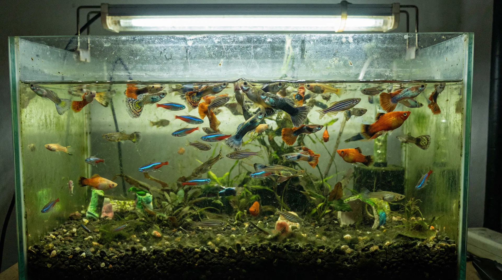 Überbesatz im Aquarium – viel zu viele Fische verschiedener Arten auf engem Raum