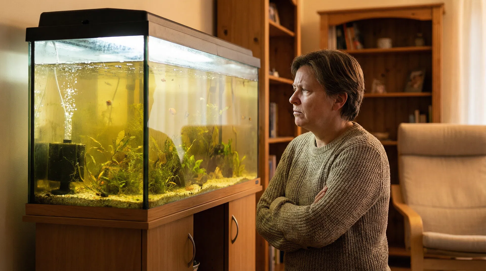 Ungeduld in der Aquaristik – Person mit verschränkten Armen schaut besorgt auf trübes Aquarium