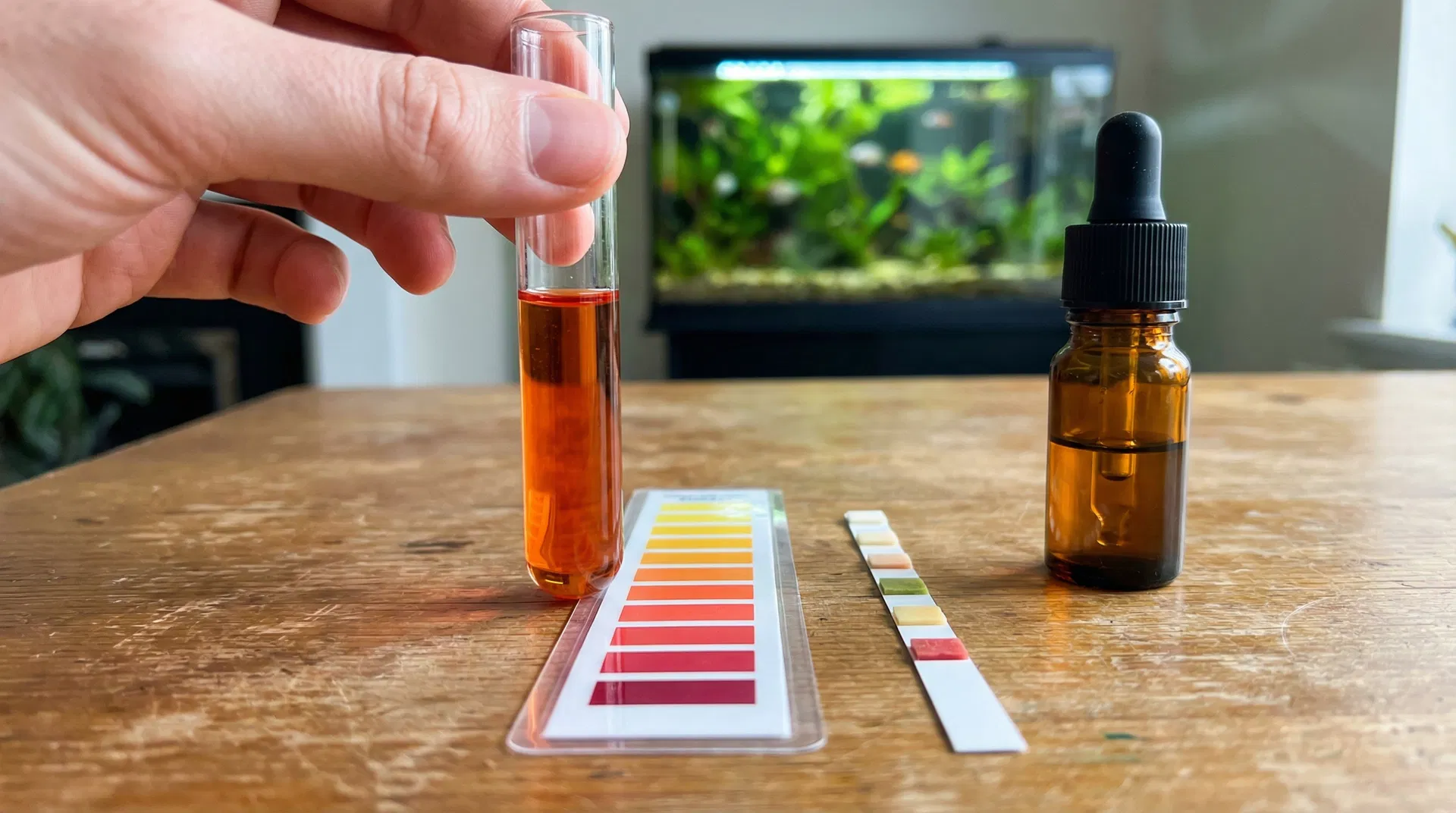 Wassertests für das Aquarium – Tropfentest mit orangeroter Küvette, Teststäbchen und Tropfflasche