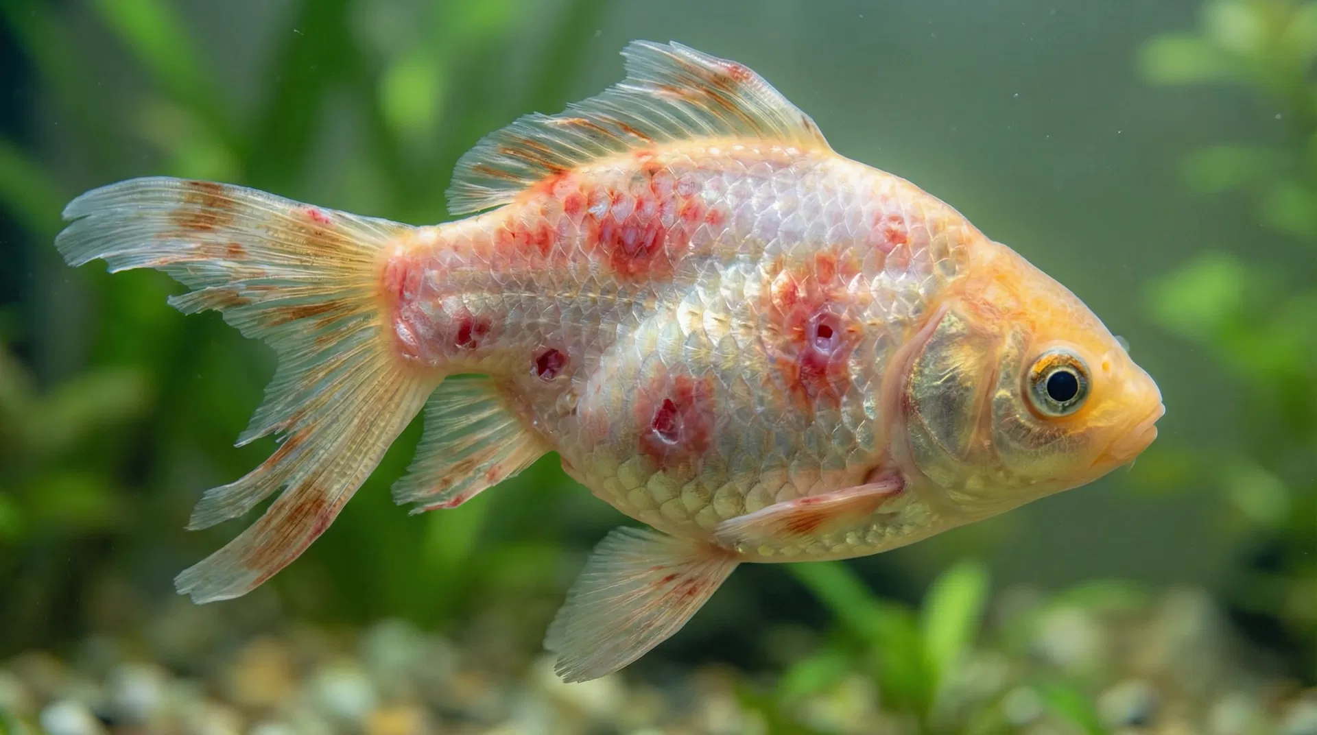 Goldfisch mit bakterieller Infektion – rote Entzündungen, Geschwüre und Flossenfäule sichtbar
