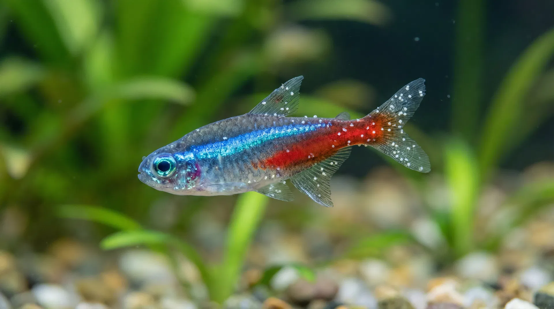 Neontetra mit Weißpünktchenkrankheit (Ichthyophthiriose) – deutlich sichtbare weiße Pünktchen auf Körper und Flossen