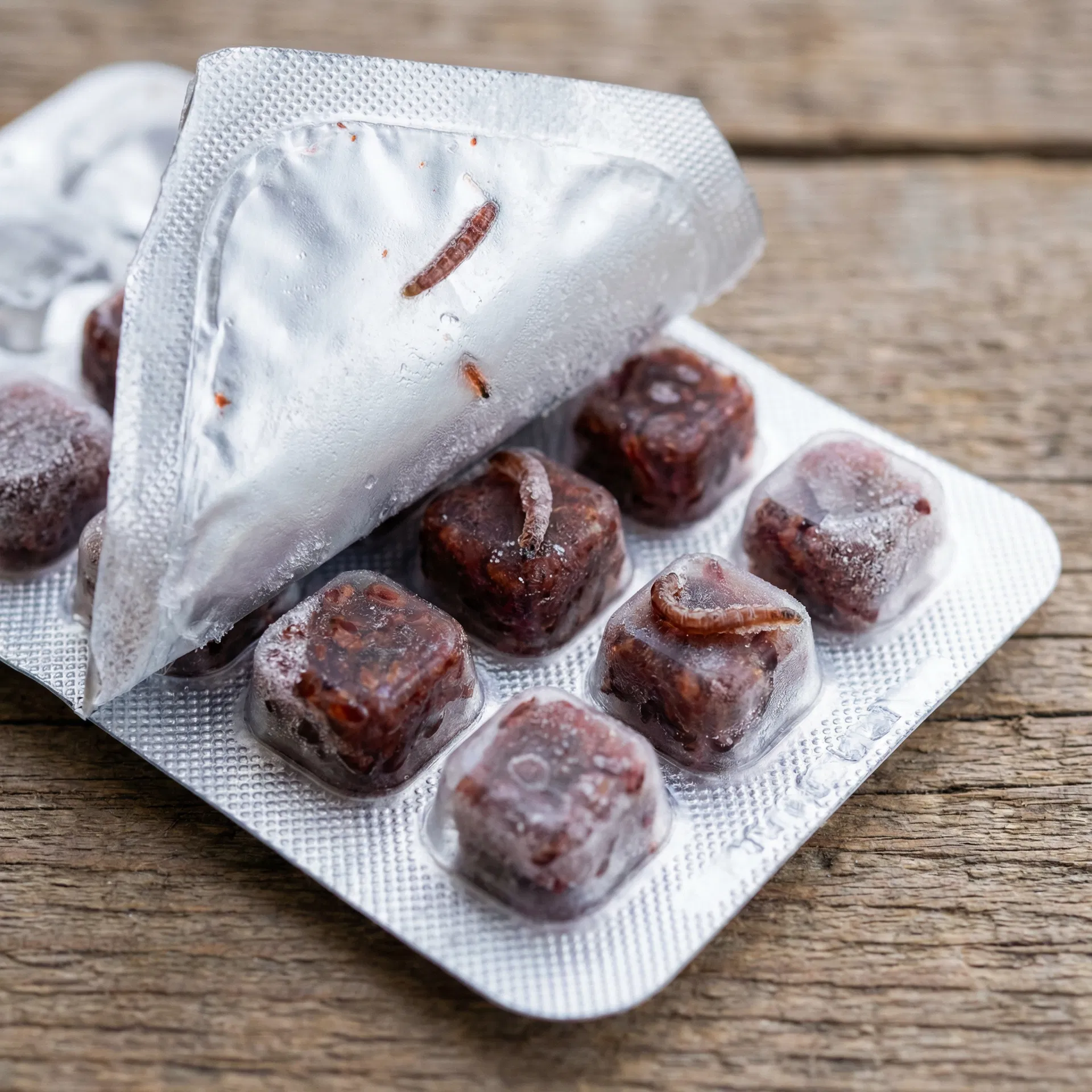 Frostfutter-Blisterpackung mit gefrorenen roten Mückenlarven