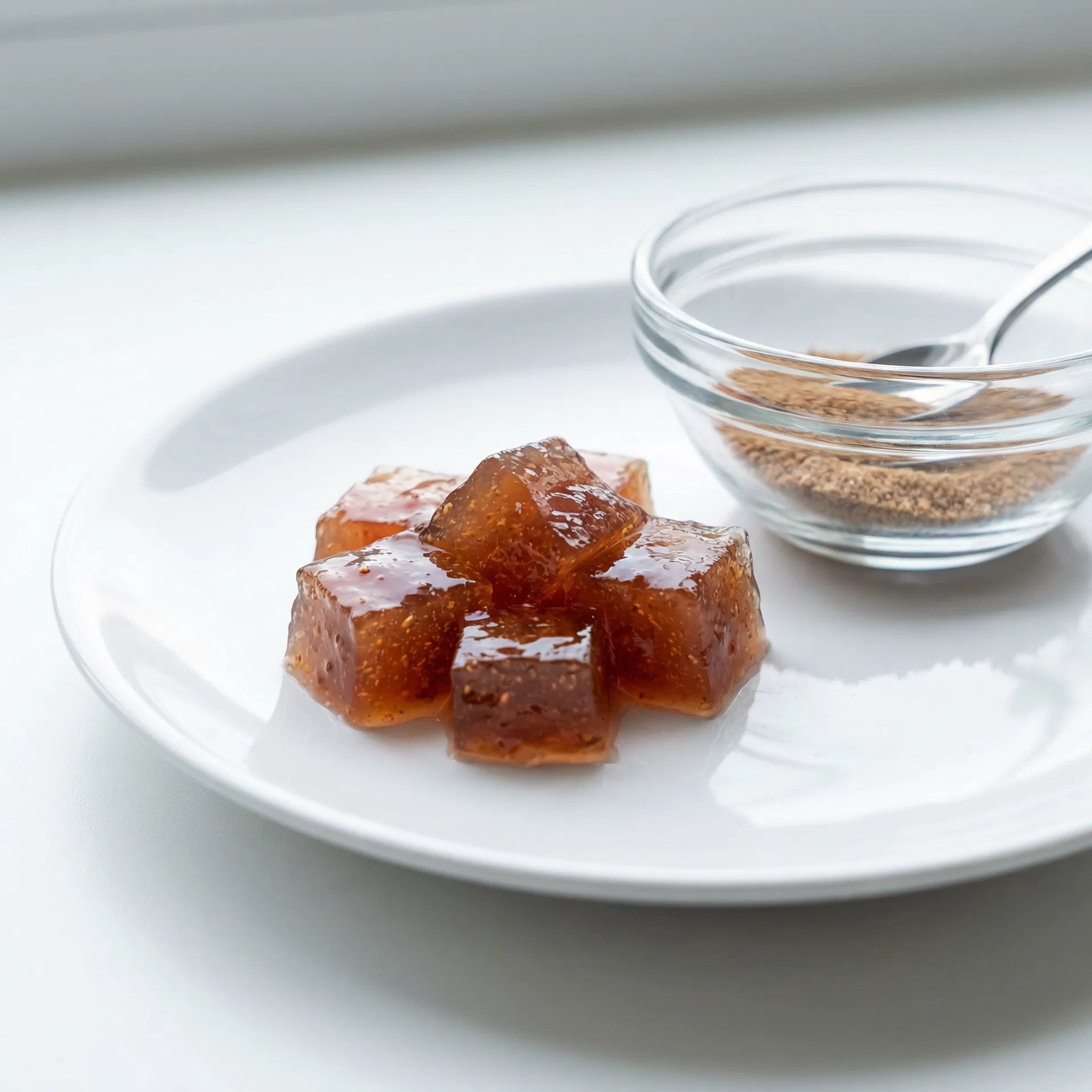 Futtergel-Würfel auf Teller mit Pulver-Zubereitung