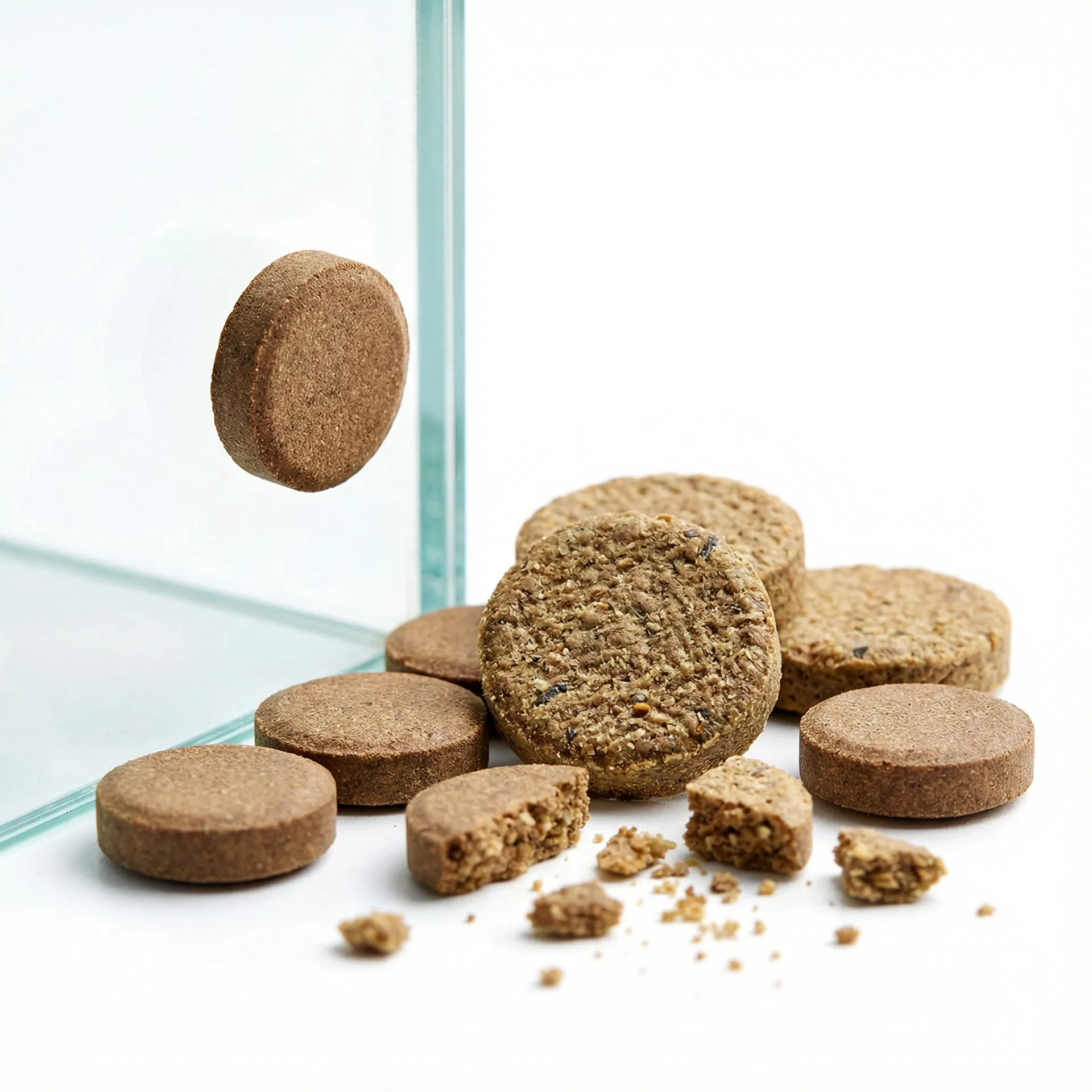 Futtertabletten für Bodenbewohner neben Aquariumscheibe