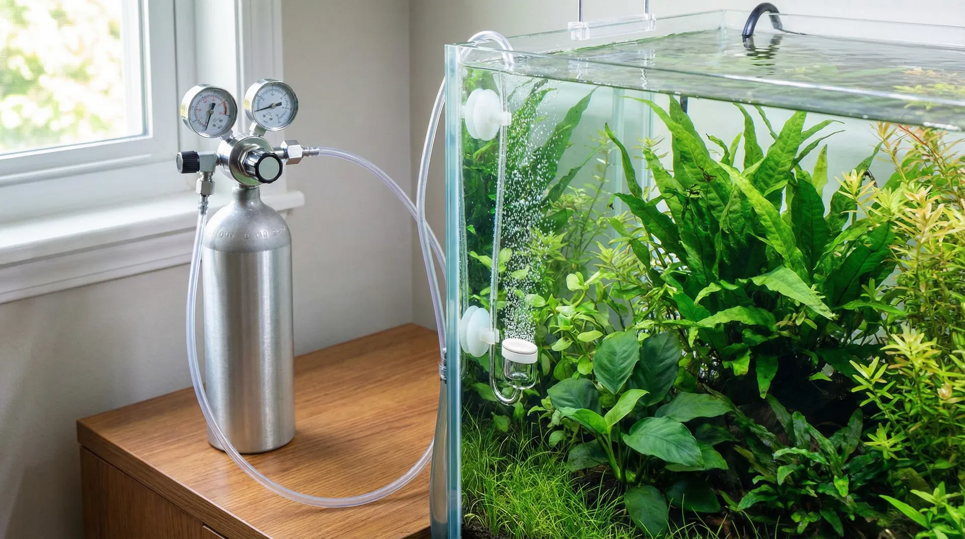 CO2-Druckgasflasche mit Druckminderer und Diffusor an einem bepflanzten Aquarium