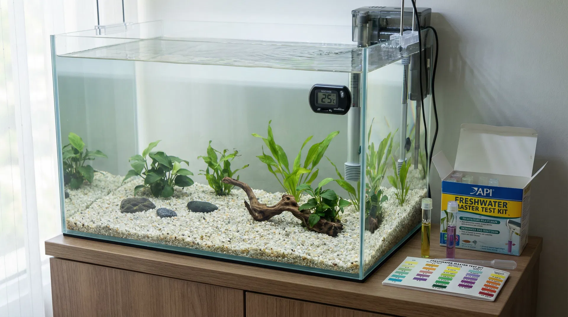 Frisch eingerichtetes Aquarium in der Einlaufphase mit Wassertestkit