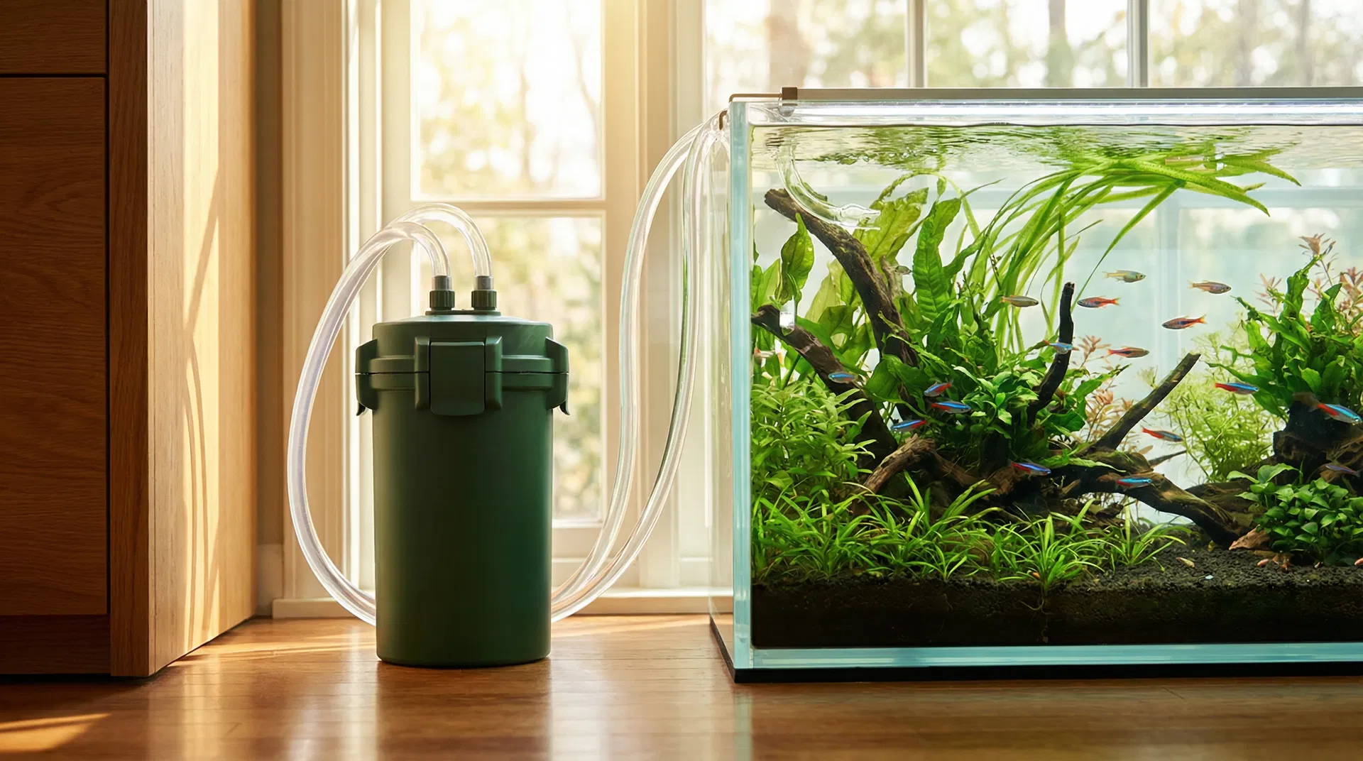 Außenfilter mit transparenten Schläuchen an einem bepflanzten Aquarium