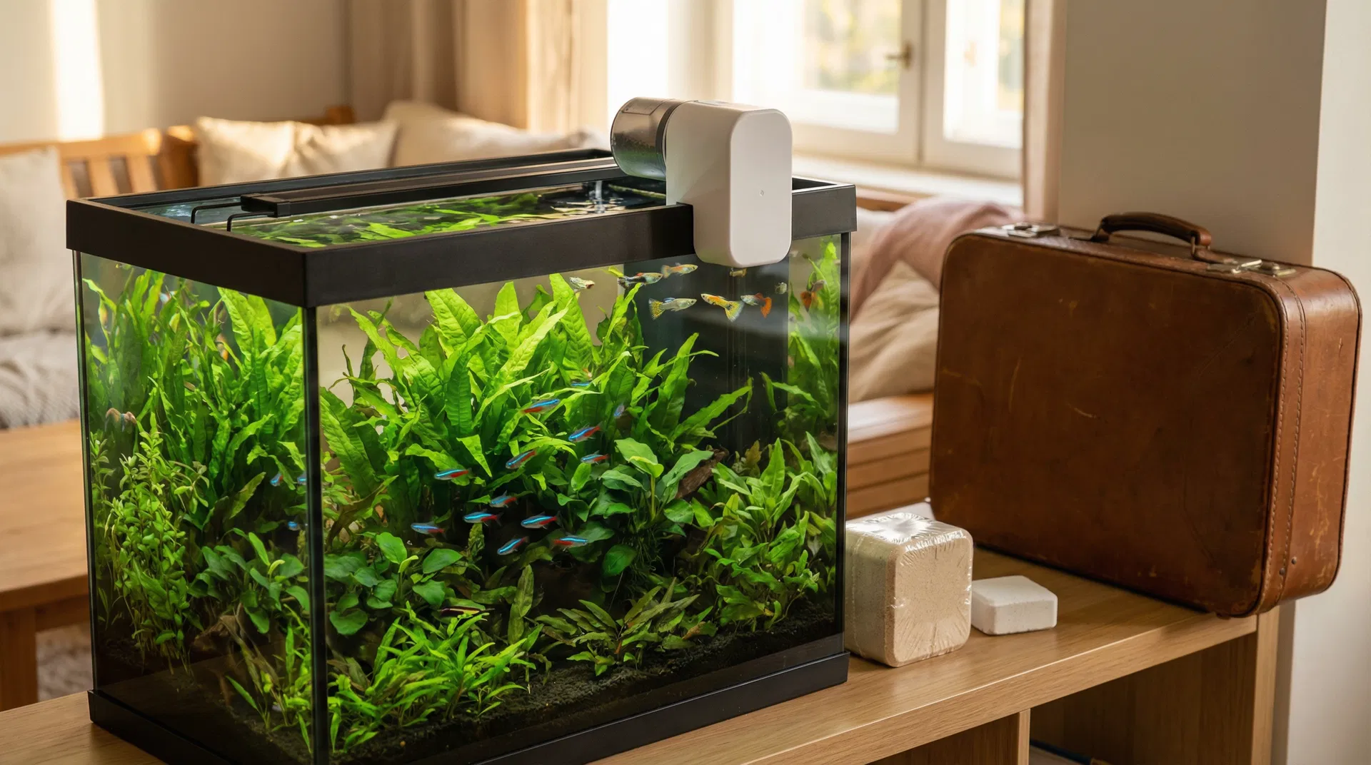 Aquarium mit Futterautomat und Urlaubsvorbereitung