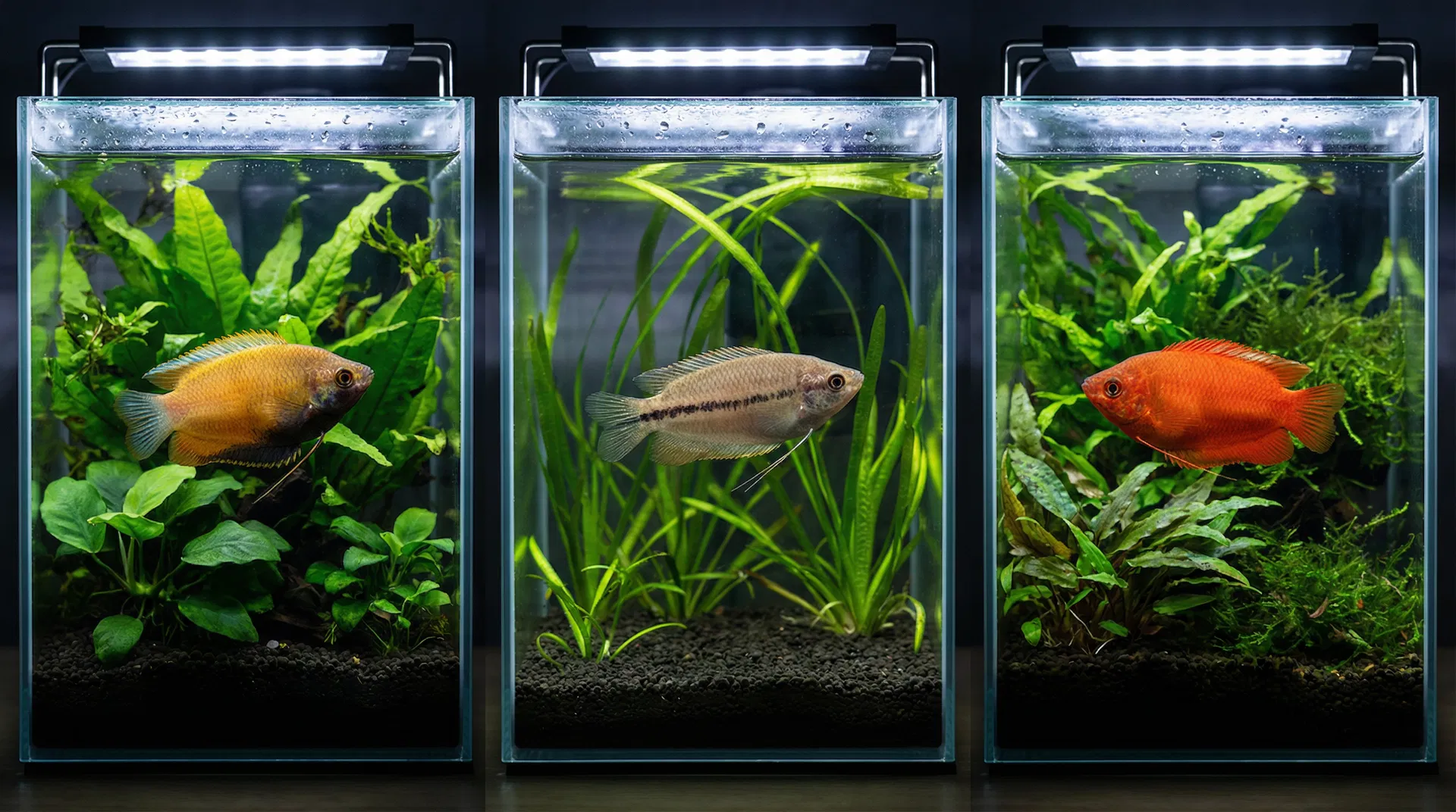 Drei Honig-Gurami-Varianten: Wildform-Männchen, Weibchen und Red Honey Gourami in separaten Aquarien