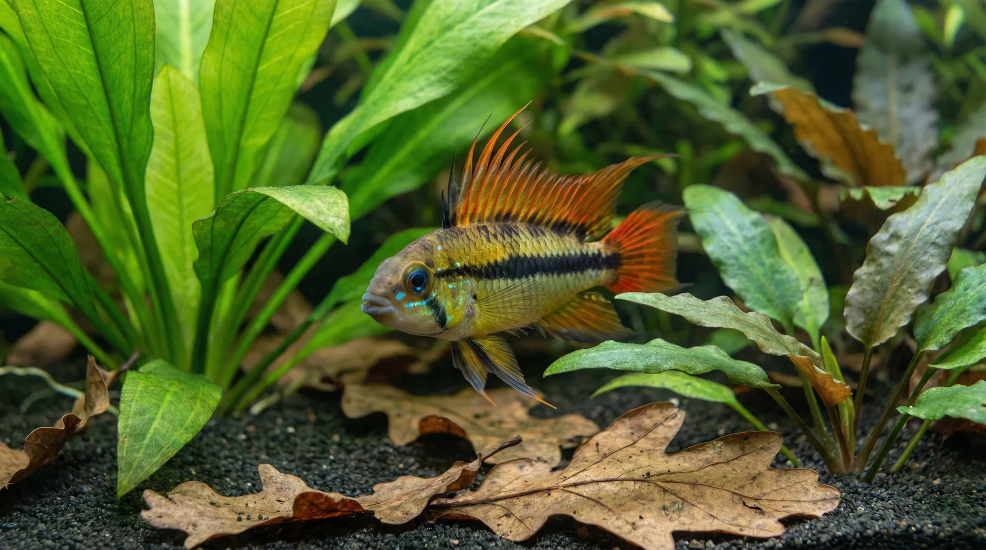 Männlicher Kakadu-Zwergbuntbarsch (Apistogramma cacatuoides) mit spektakulärer Rückenflosse in bepflanztem Aquarium