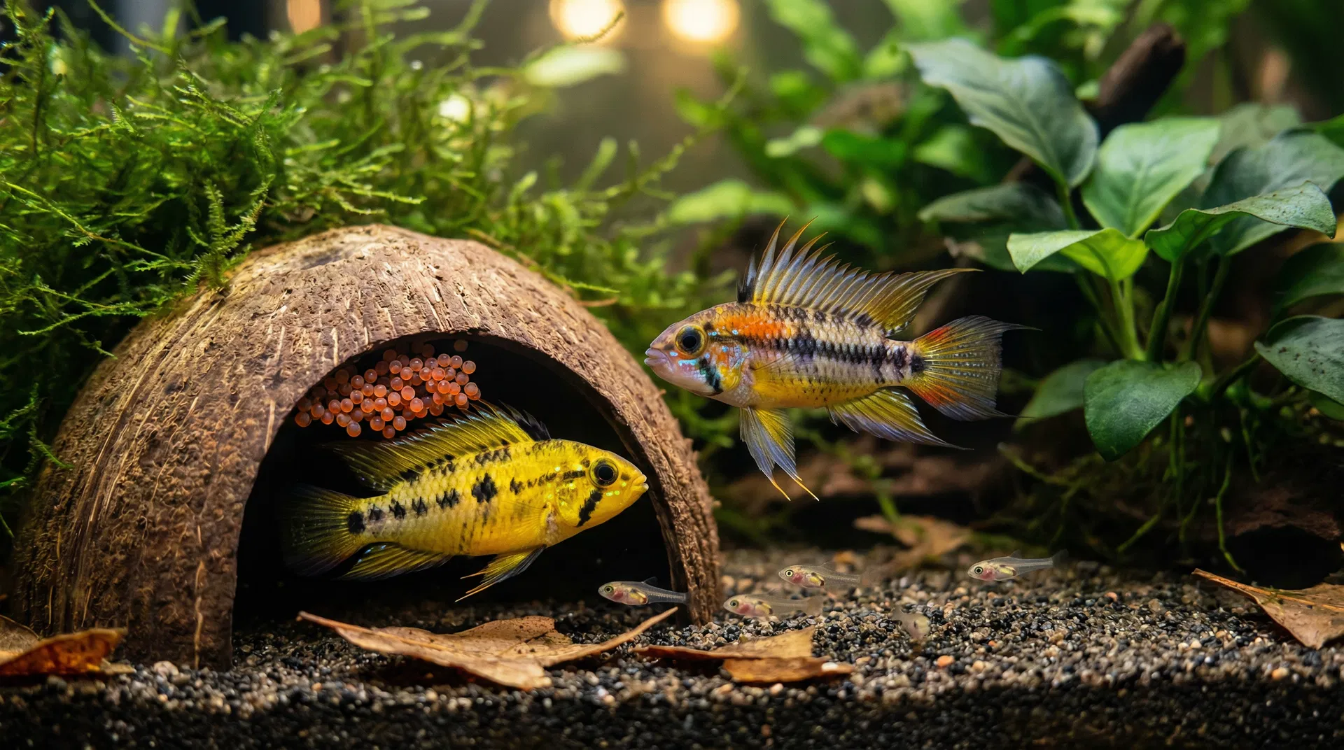 Kakadu-Zwergbuntbarsch-Weibchen bewacht Gelege in Kokosnussschale, Männchen im Hintergrund