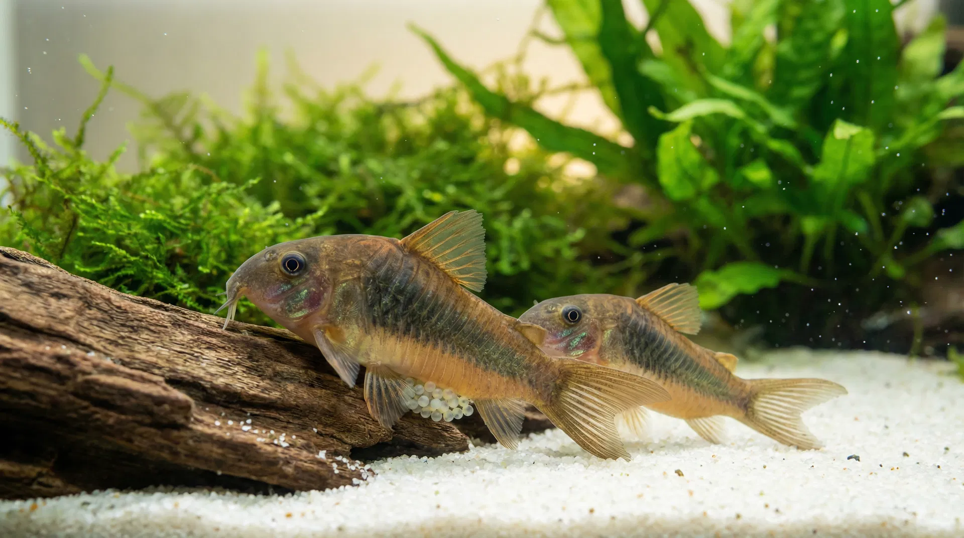 Panzerwelse beim Laichen: Weibchen klebt Eier an Treibholz, Männchen daneben