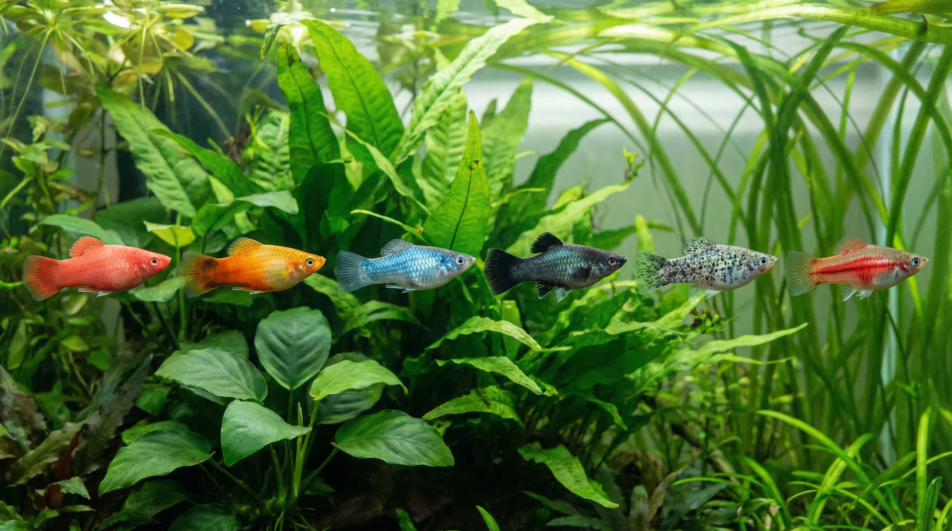 Sechs verschiedene Platy-Farbvarianten nebeneinander in einem bepflanzten Aquarium