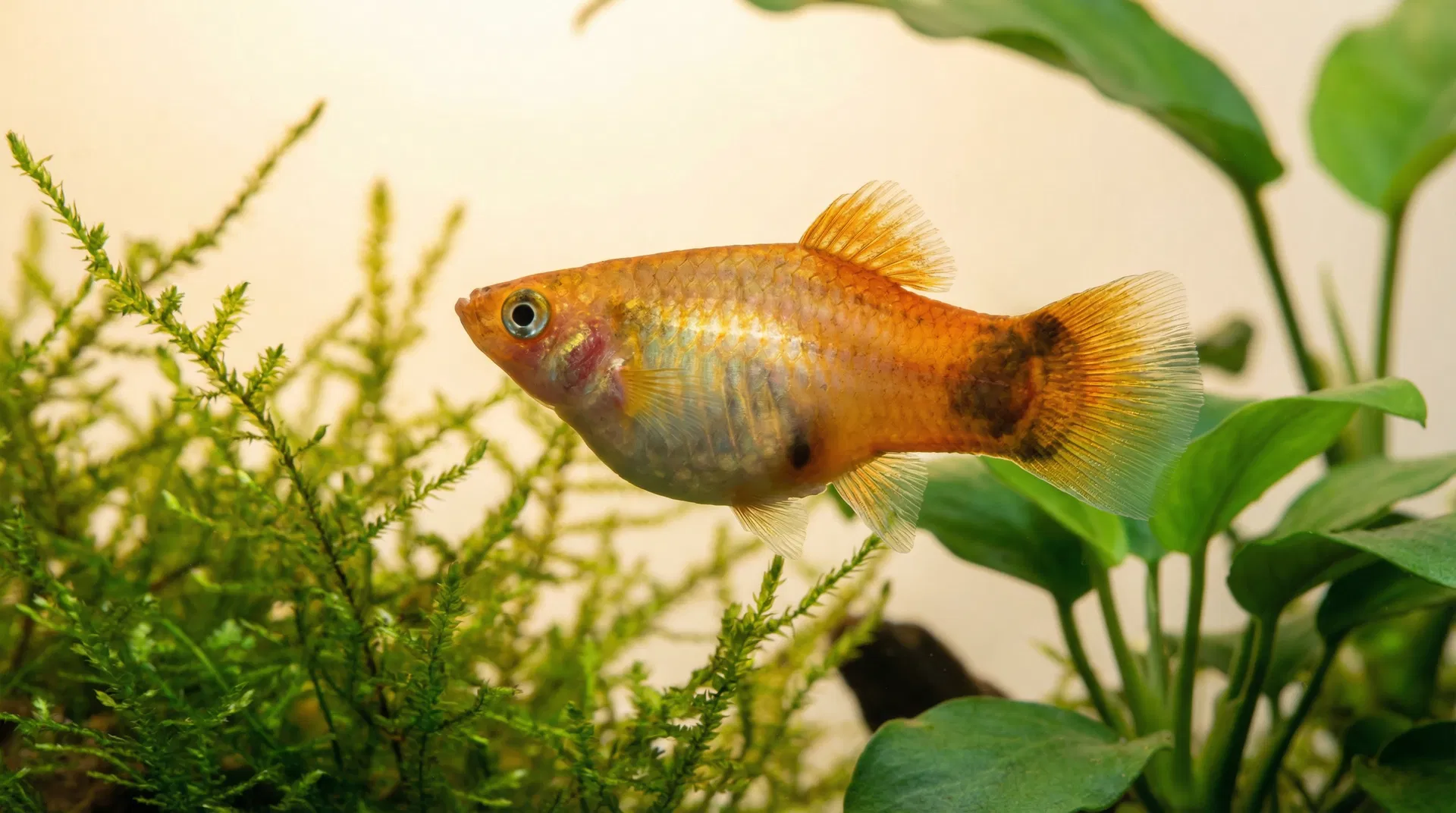 Trächtiges Platy-Weibchen mit sichtbarem Trächtigkeitsfleck in einem bepflanzten Aquarium