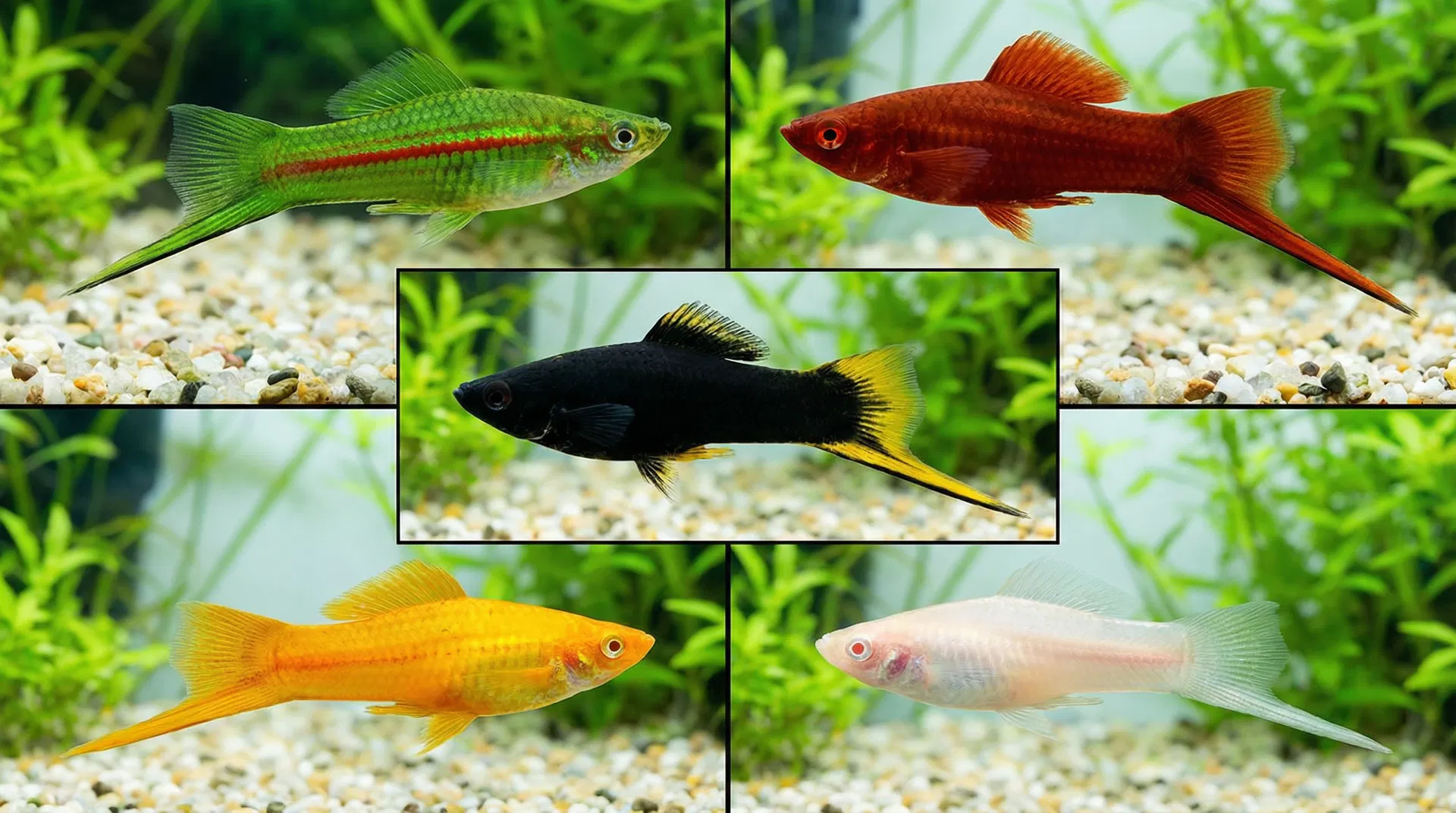 Verschiedene Schwertträger-Farbvarianten: Grüner Wildform, Wiener Schwertträger, Schwarzer Schwertträger, Ananas-Schwertträger und Albino-Schwertträger