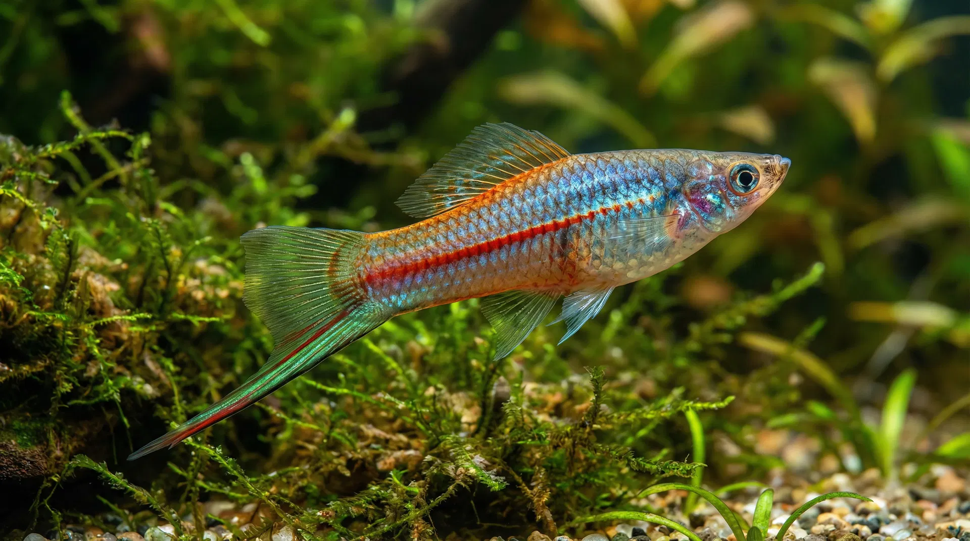 Männlicher Schwertträger (Xiphophorus hellerii) mit charakteristischem Schwert in einem bepflanzten Aquarium
