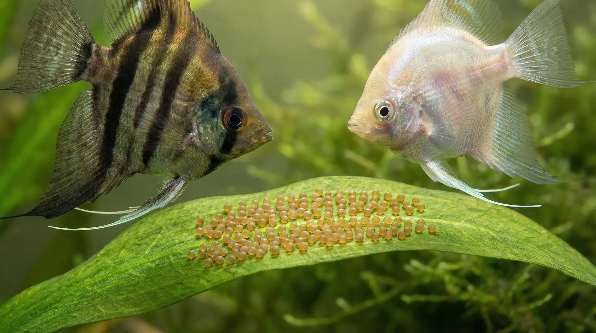 Skalare-Elternpaar bewacht sein Gelege auf einem Amazonas-Schwertpflanzenblatt