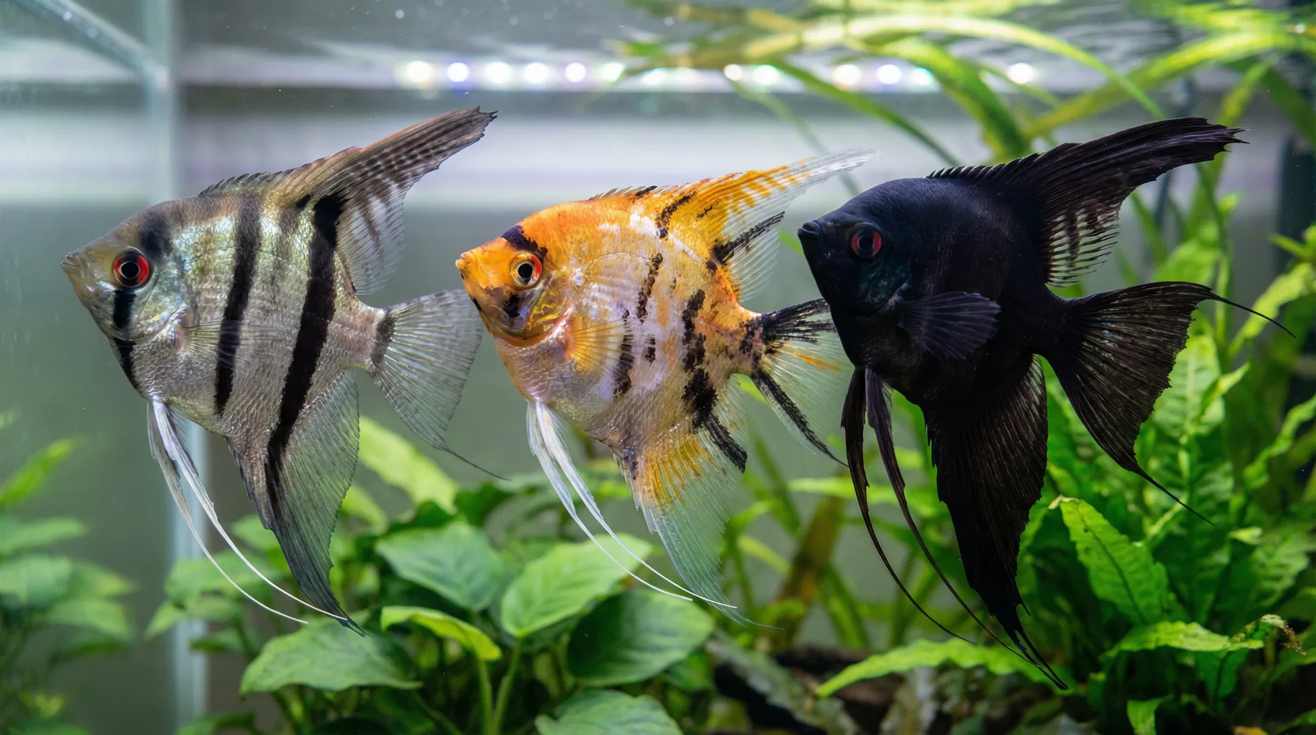 Drei verschiedene Skalare-Zuchtformen: Wildform, Goldmarble und Schwarz-Schleier