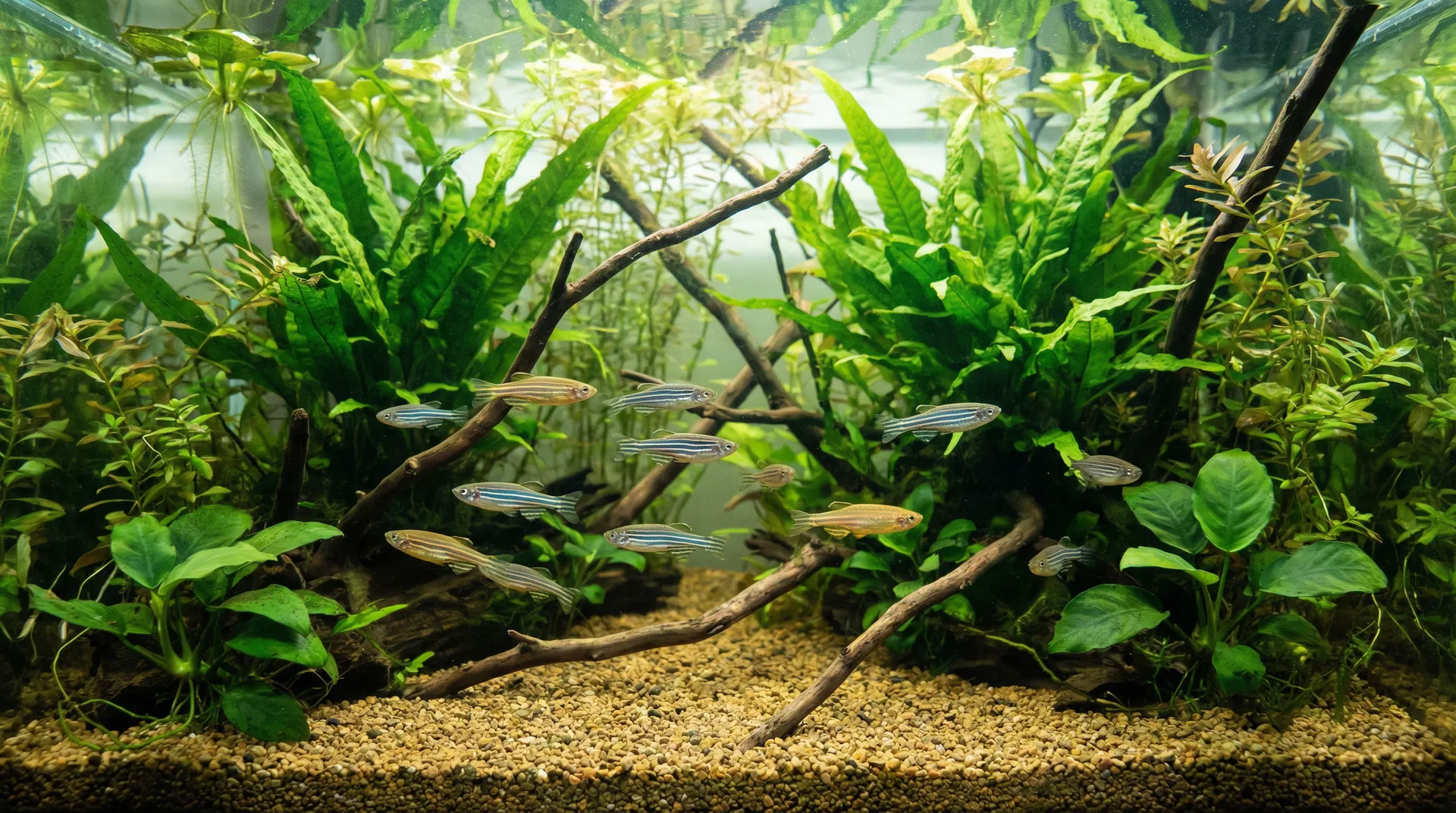 Zebrabärbling Schule in natürlichem Aquarium