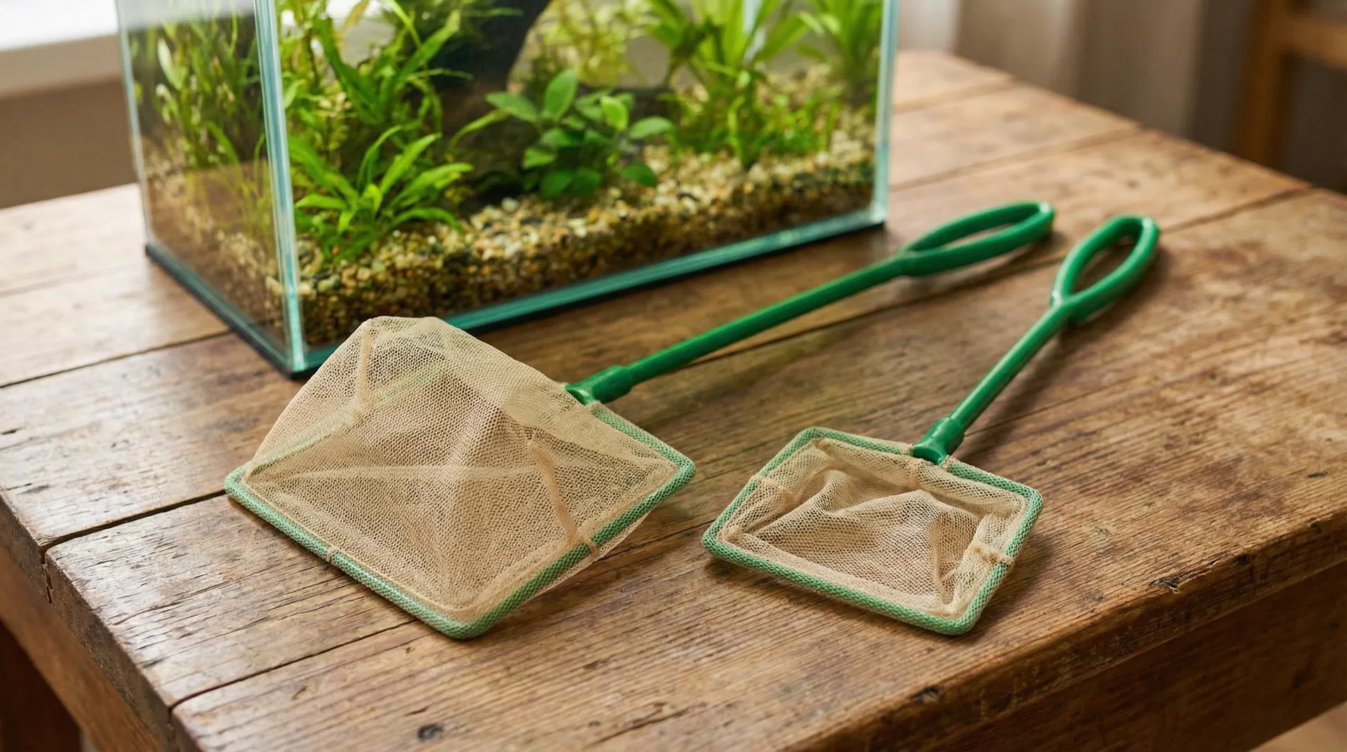 Zwei Aquarium-Kescher in verschiedenen Größen neben einem bepflanzten Aquarium