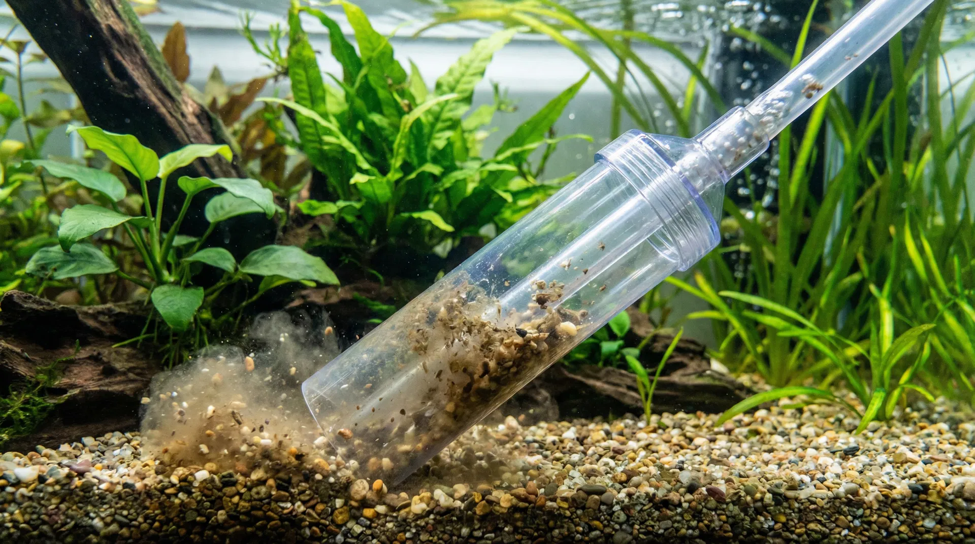 Mulmsauger beim Reinigen des Kiesbodens in einem bepflanzten Aquarium