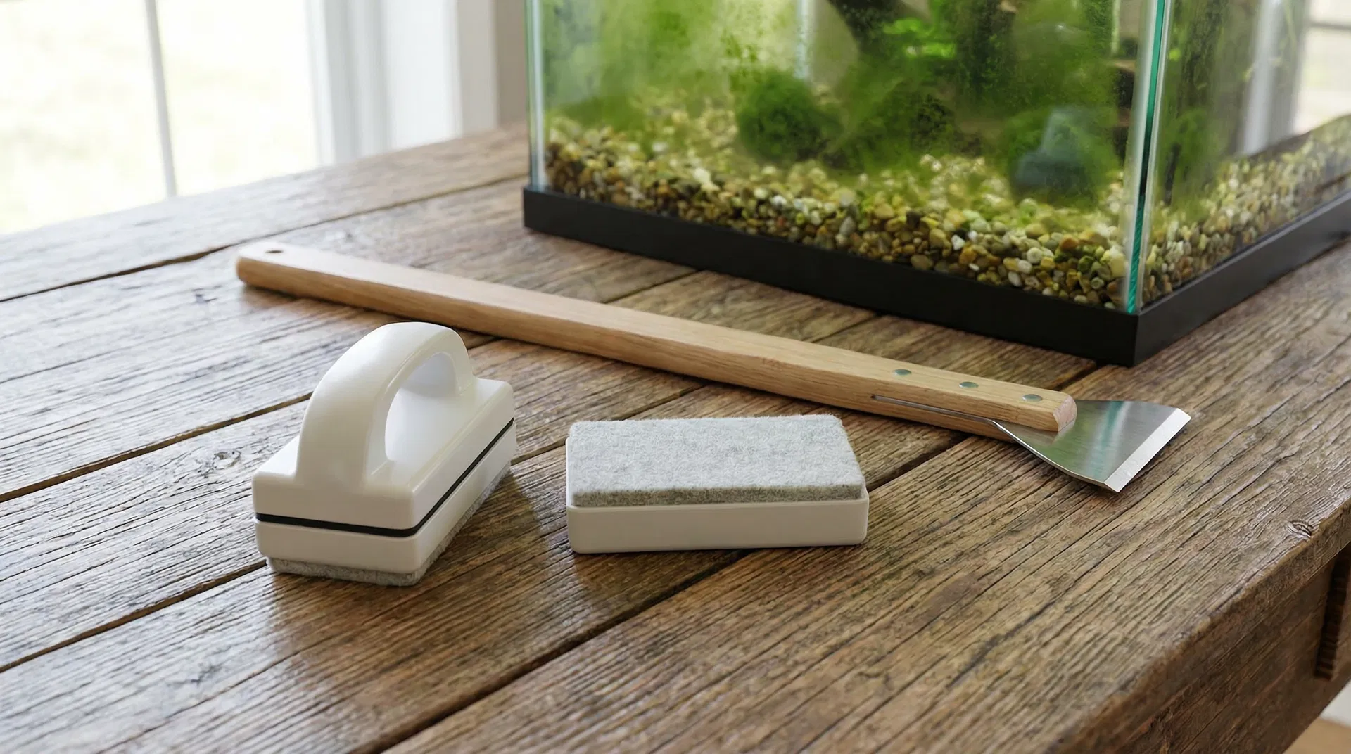 Magnetreiniger und Schaber-Werkzeuge für Aquarienscheiben auf Holztisch