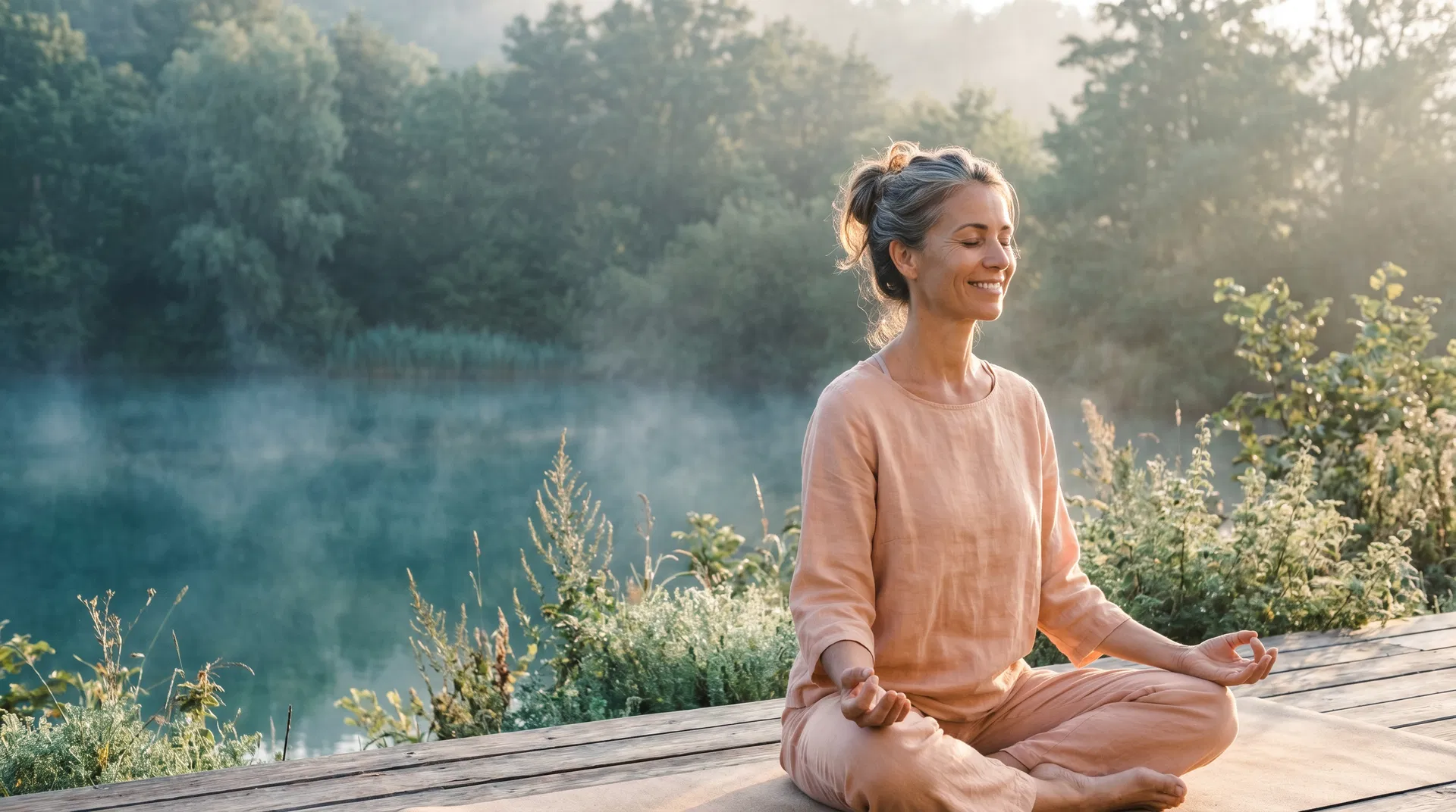GenXFemHealth: woman practicing morning yoga on a lake deck at sunrise — wellness for women over 40