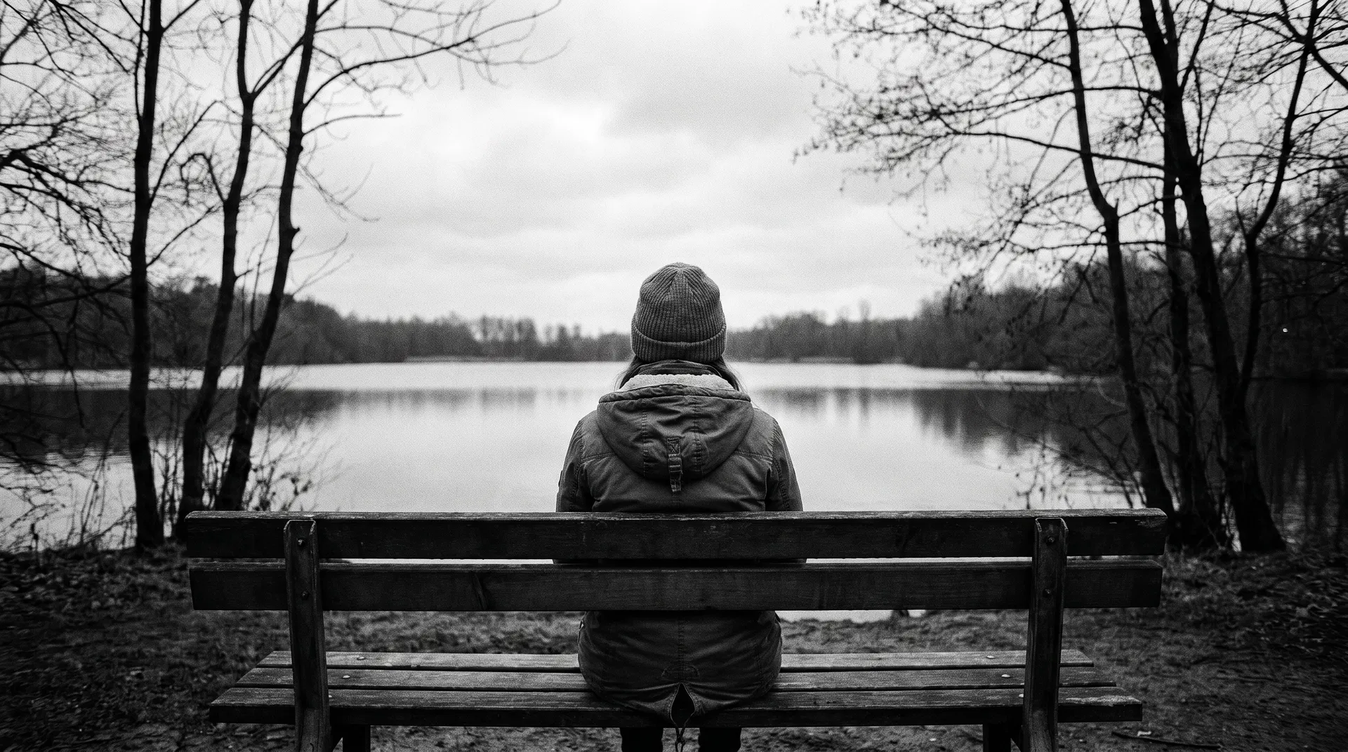 Woman sitting alone on a bench looking out at a lake