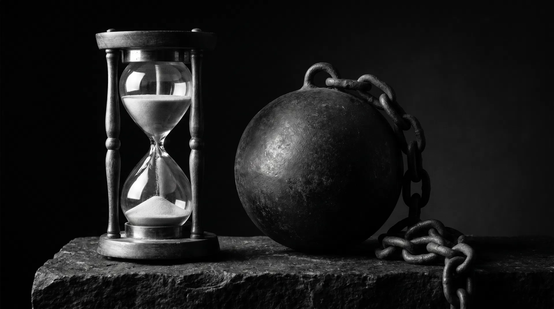 An hourglass and iron ball and chain on dark stone — black and white