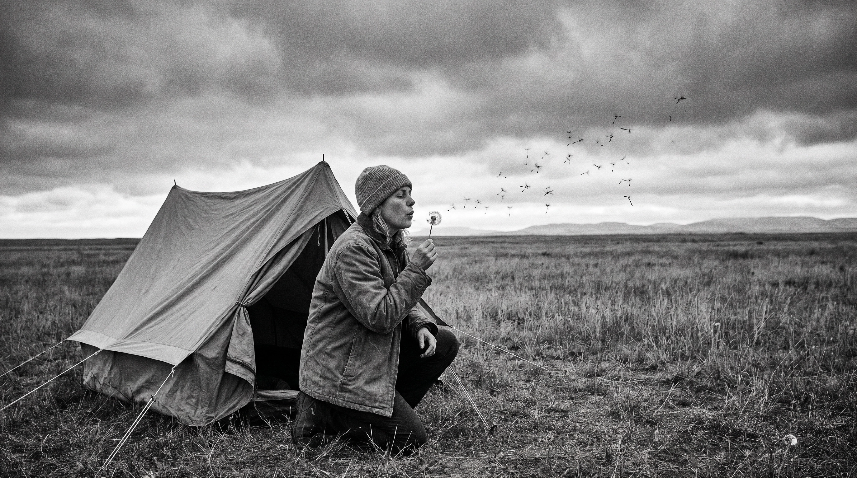 A woman sitting next to a tent in an empty field, blowing dandelion seeds into the wind — black and white
