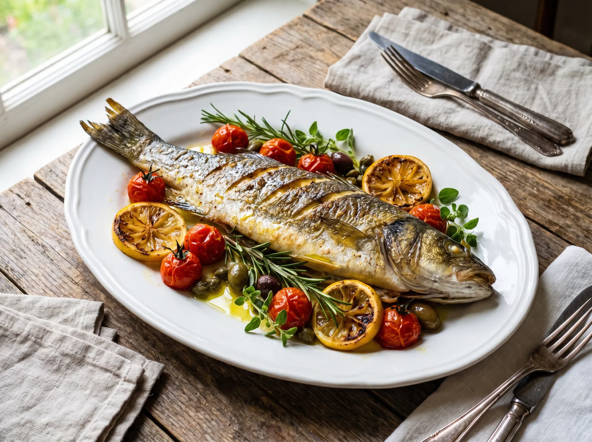 Baked Branzino with Lemon, Capers & Roasted Tomatoes