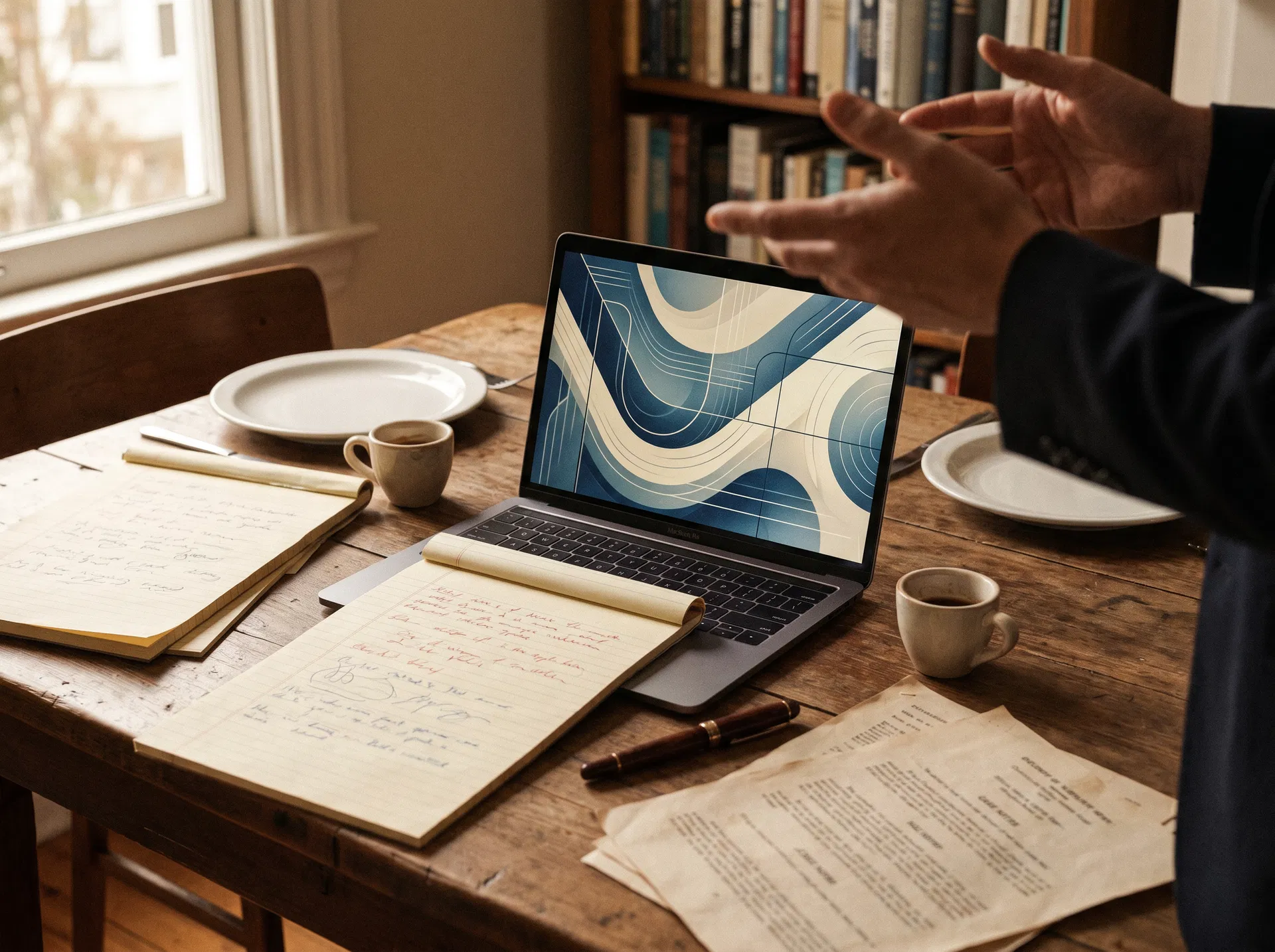 Warm table with laptop, legal notes, espresso cups, and dinner setting