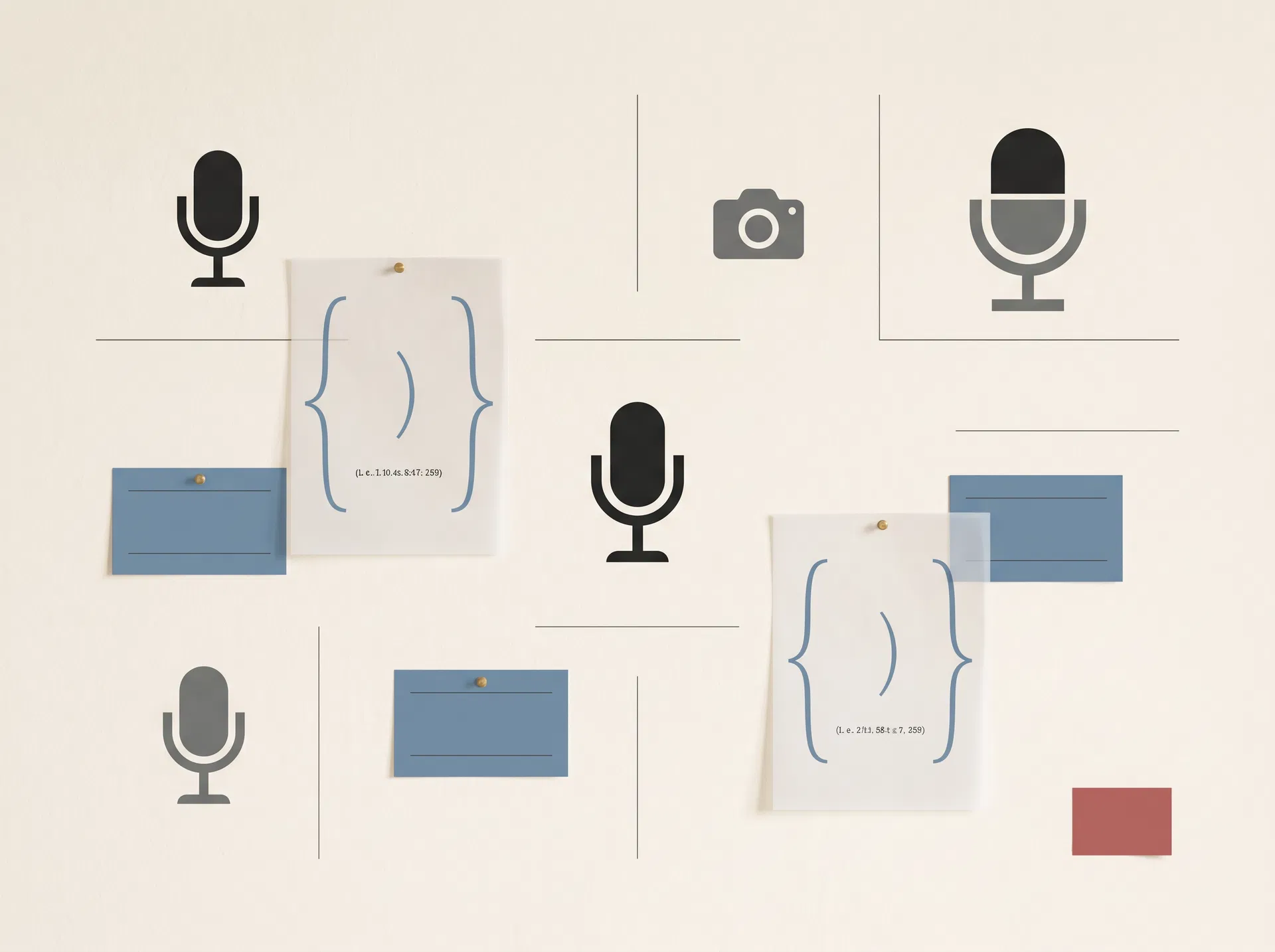 Editorial media wall with microphones, transcript pages, and legal annotation motifs
