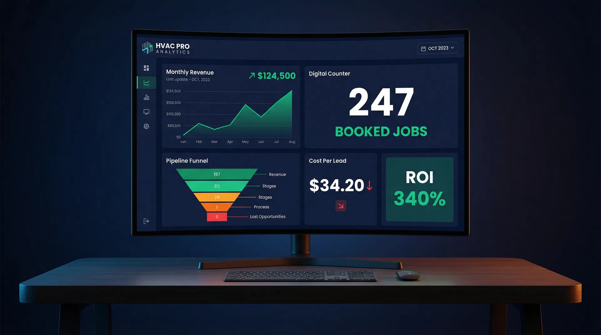 Revenue tracking dashboard showing booked jobs, cost per acquisition, and ROI by channel