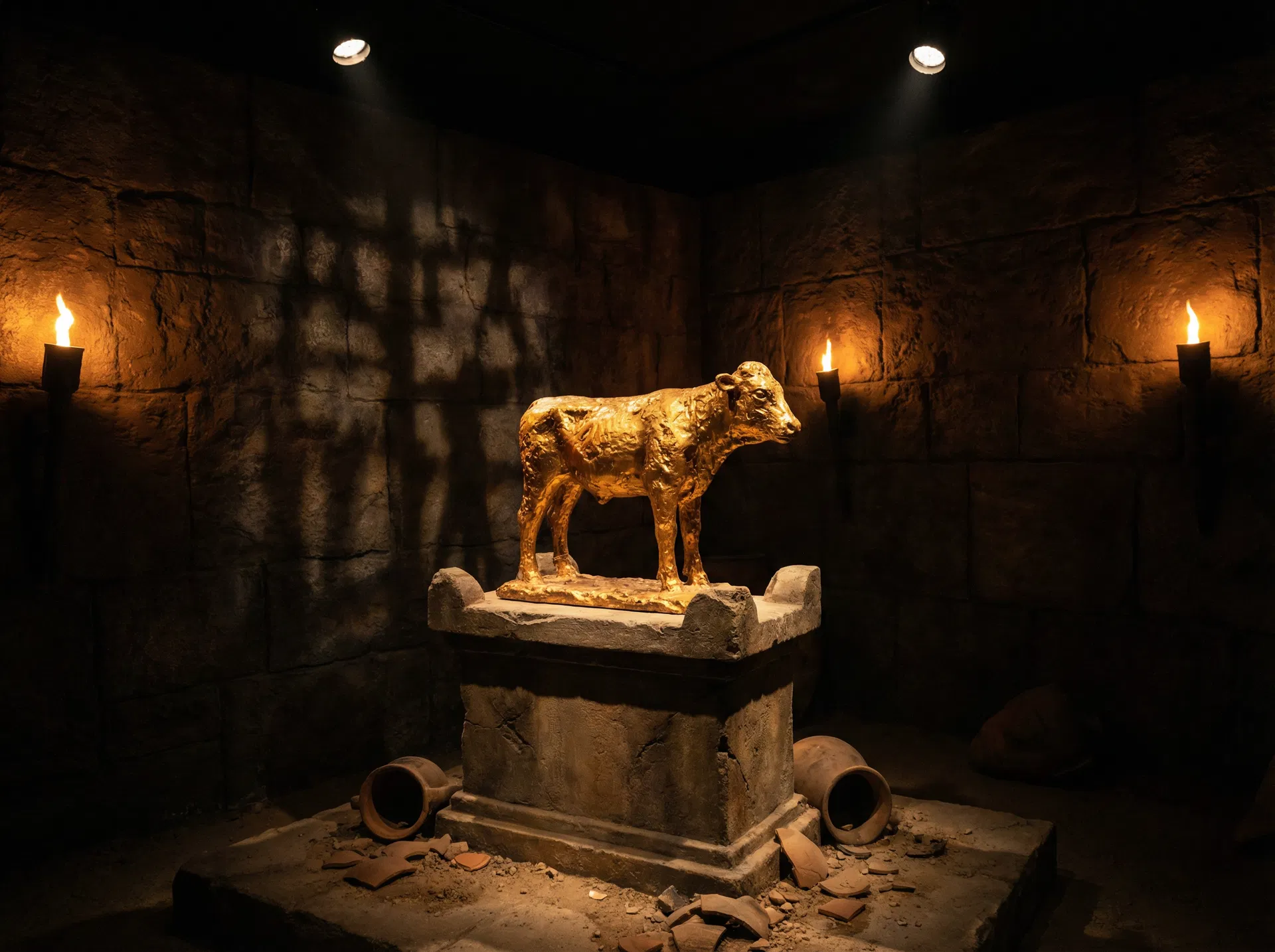 Golden calf idol on stone altar