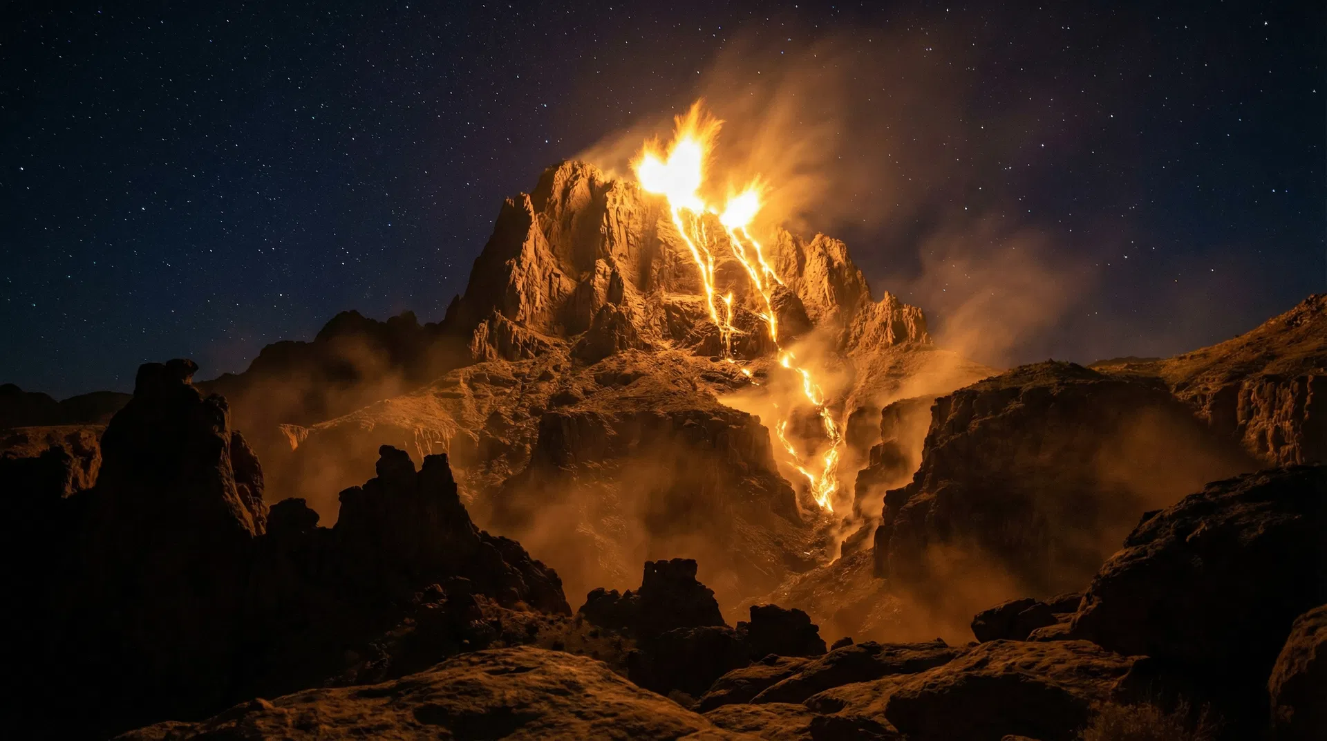 Mount Sinai at night with divine fire