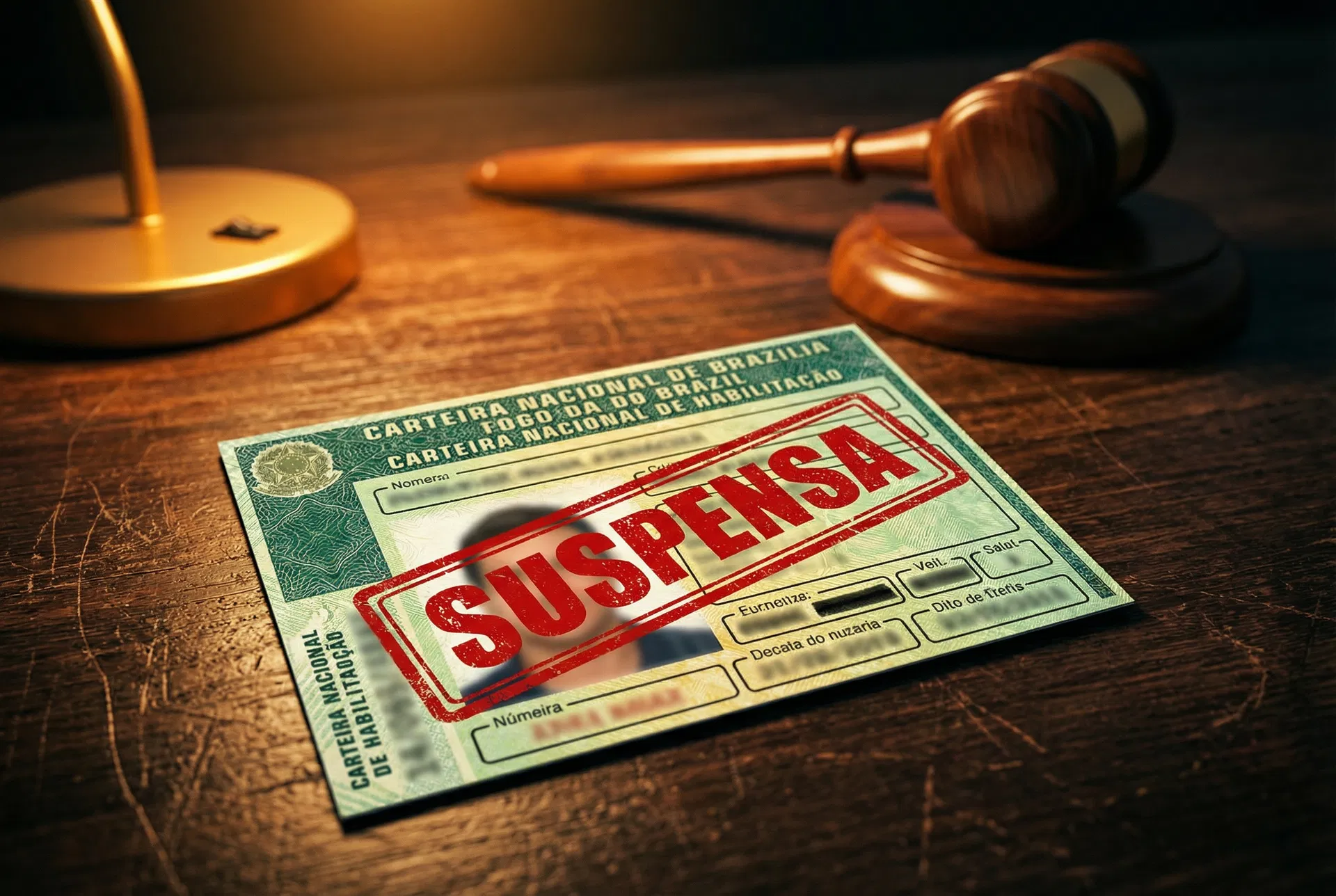 CNH suspensa - Carteira Nacional de Habilitação com carimbo de suspensão e martelo de juiz