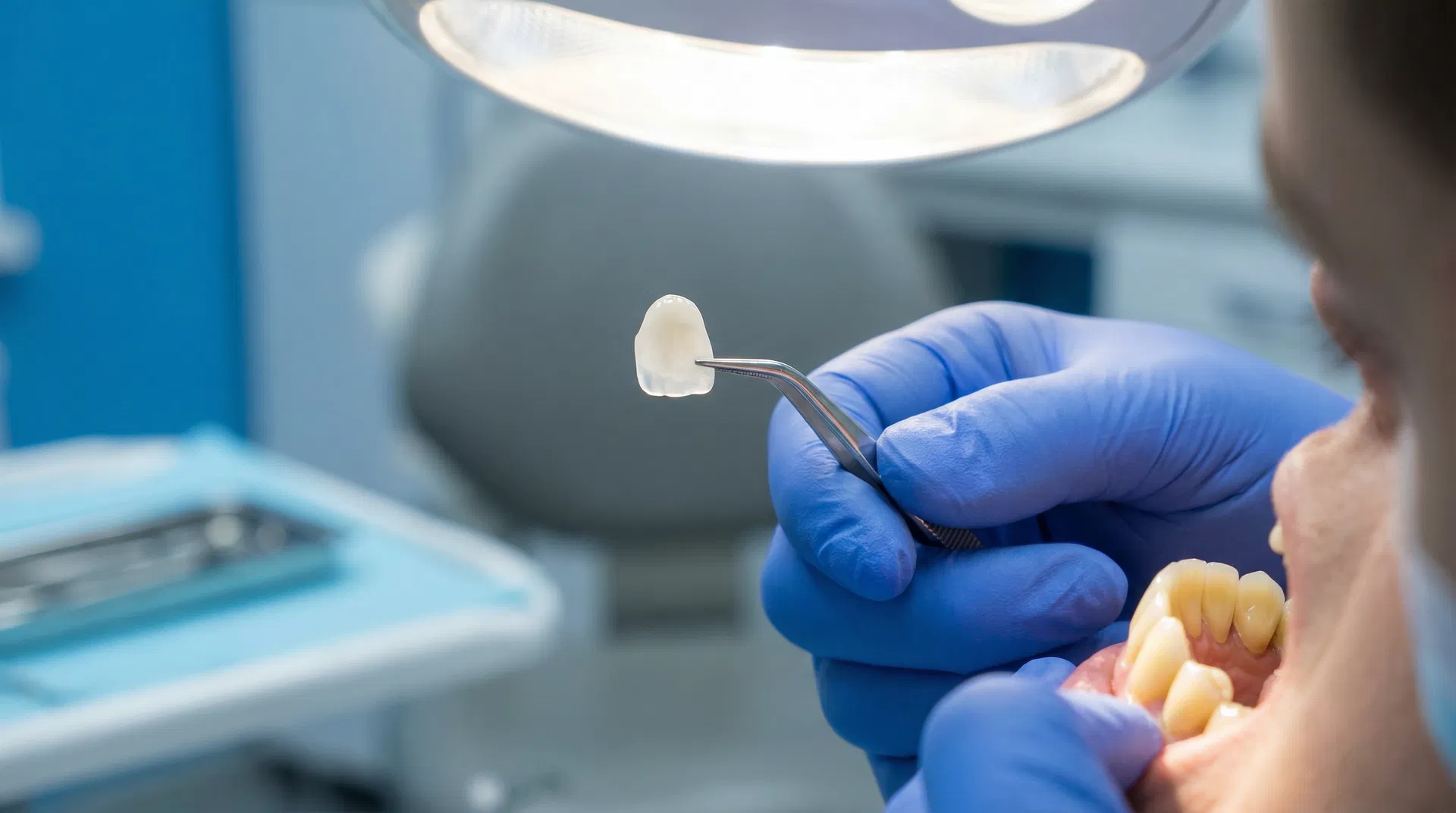 Facetas Dentais - Oris Odontologia Araucária Faceta de porcelana sendo posicionada por dentista na Oris Odontologia em Araucária PR - R. Pedro Druszcz 760 Centro