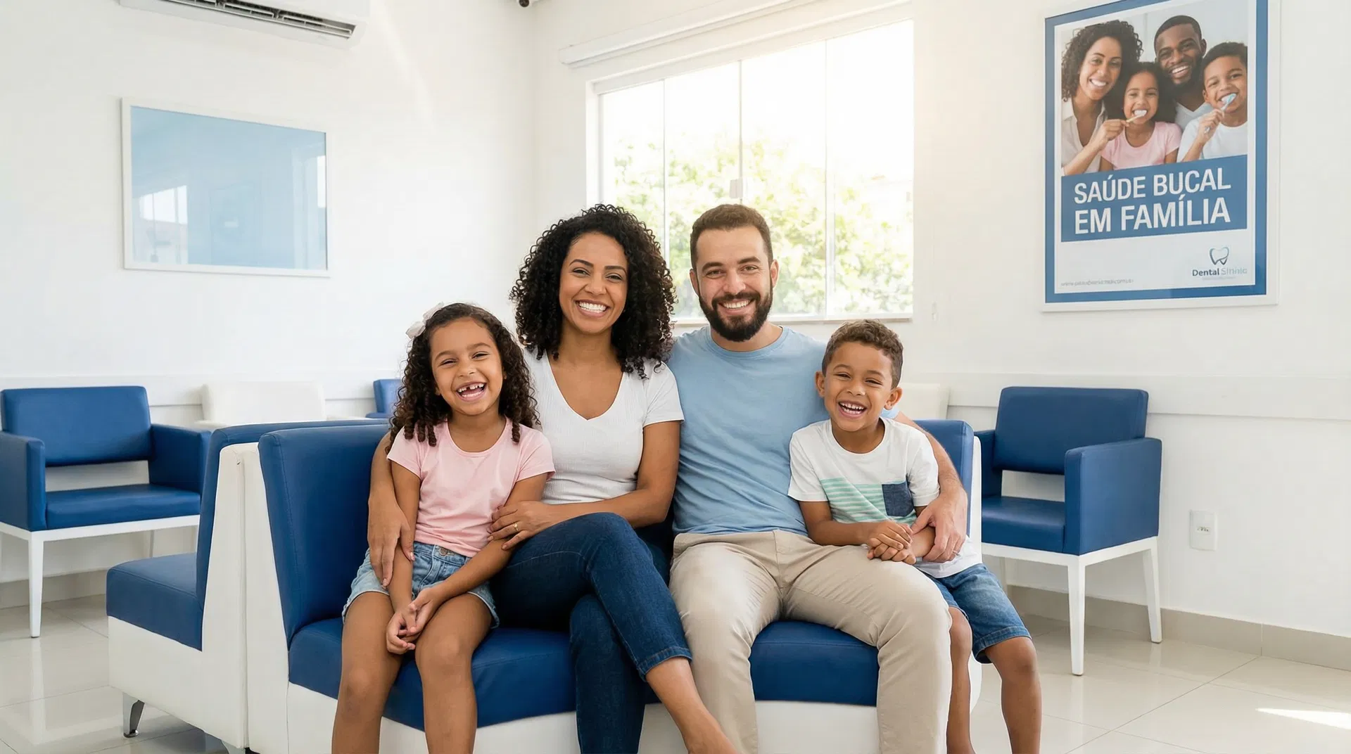 Família sorrindo na sala de espera da Oris Odontologia Araucária PR - R. Pedro Druszcz 760 Centro