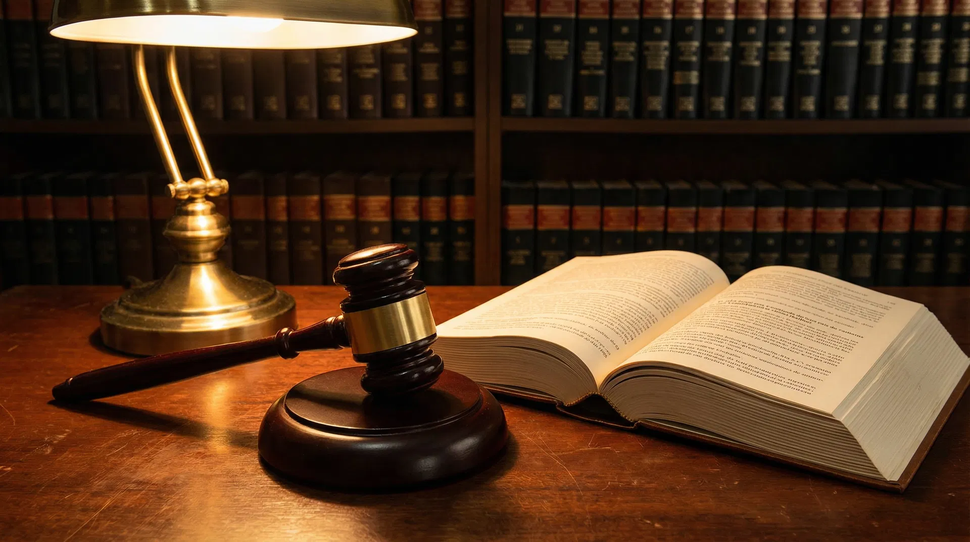 Martelo de juiz e livro de direito trabalhista aberto sobre mesa de mogno - Fávere Advogados Associados em Florianópolis