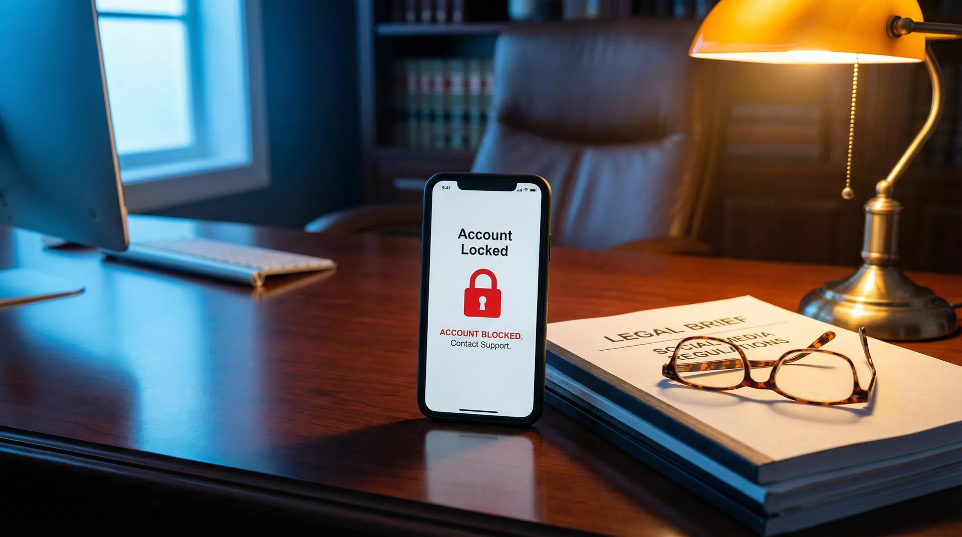 Smartphone com conta de Instagram bloqueada sobre mesa de escritório jurídico - Fávere Advogados Associados em Florianópolis