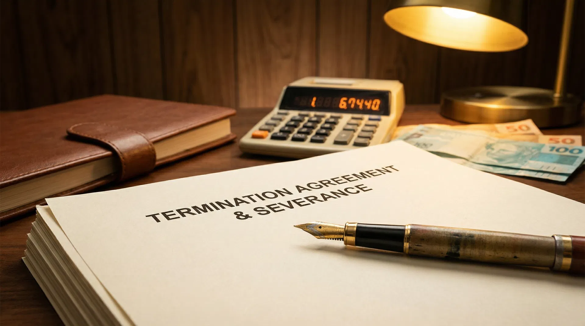 Documento de rescisão trabalhista com caneta e calculadora sobre mesa - Fávere Advogados Associados em Florianópolis