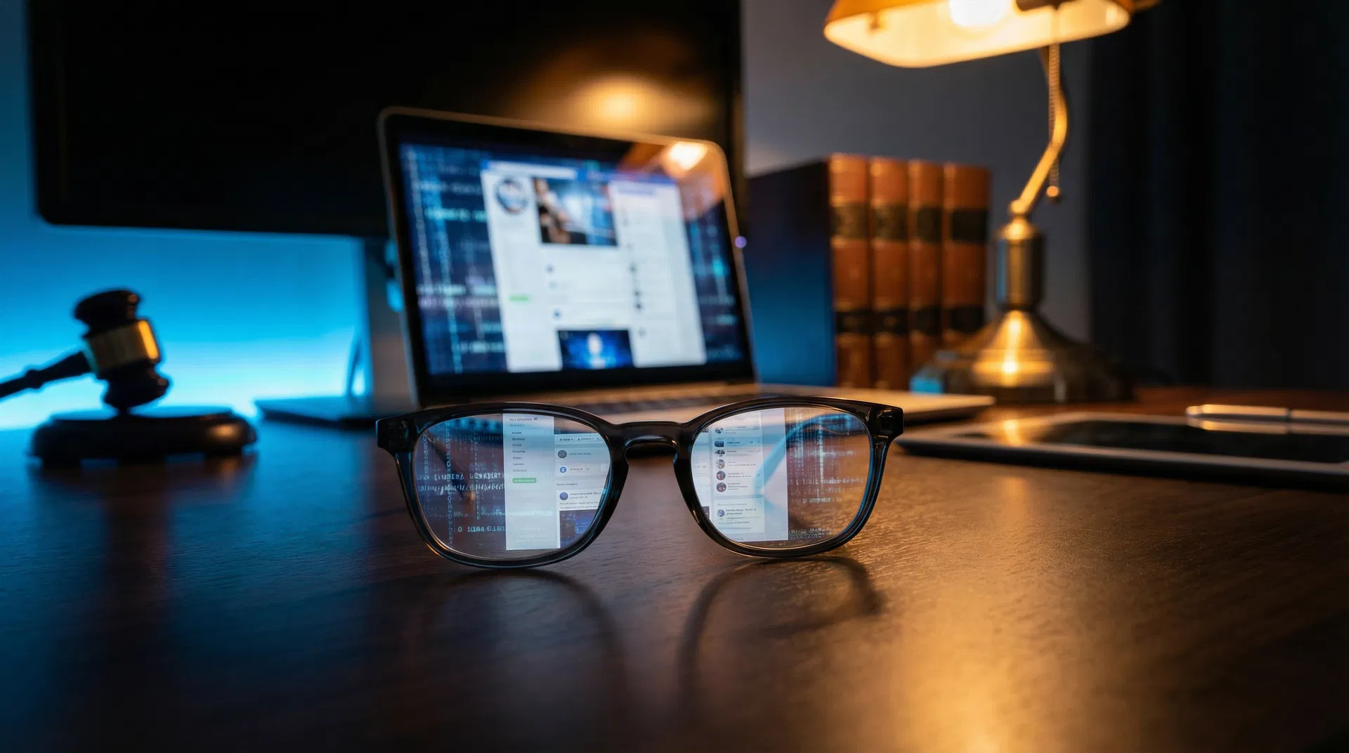 Óculos refletindo tela de redes sociais com martelo de juiz ao fundo - Fávere Advogados Associados em Florianópolis